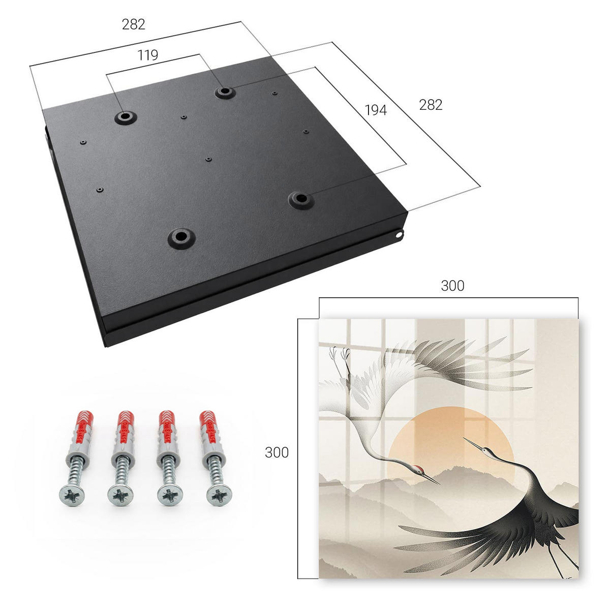 SCHLÜSSELBOX Schwarz 30x30 cm- Türöffnung nach rechts - Japanische Kraniche vor dem Hintergrund der aufgehenden Sonne - Grau, Metall (30/30/5cm) - TULUP
