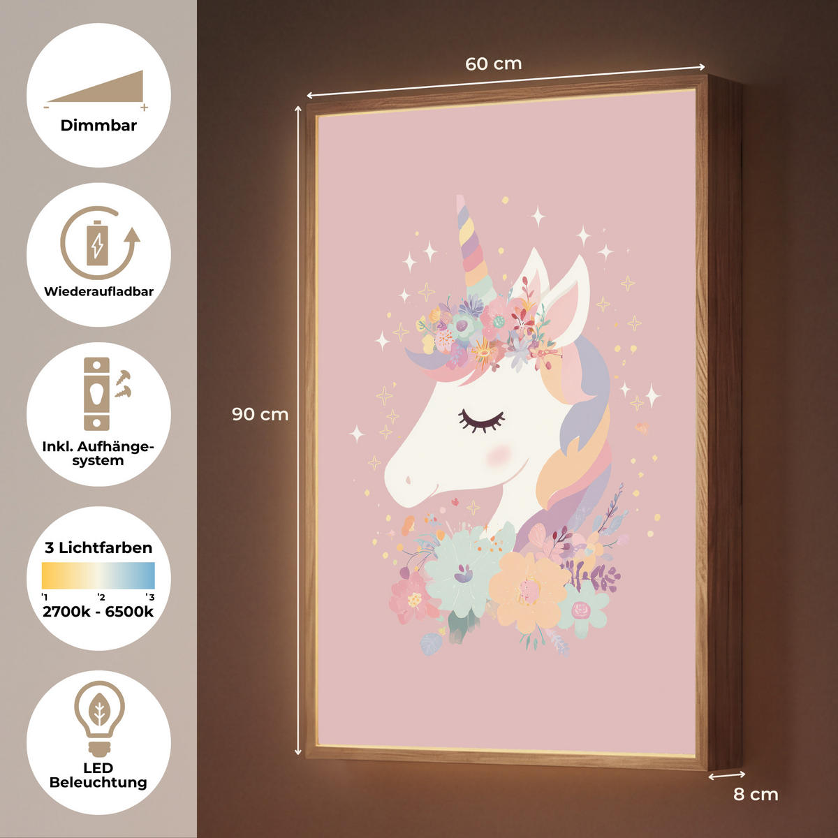 DOBÍJECÍ NOČNÍ LAMPIČKA Jednorožec - růžová - květiny 60x90 cm - růžová, kompozitní dřevo (8/60/90cm) - OnlyWow