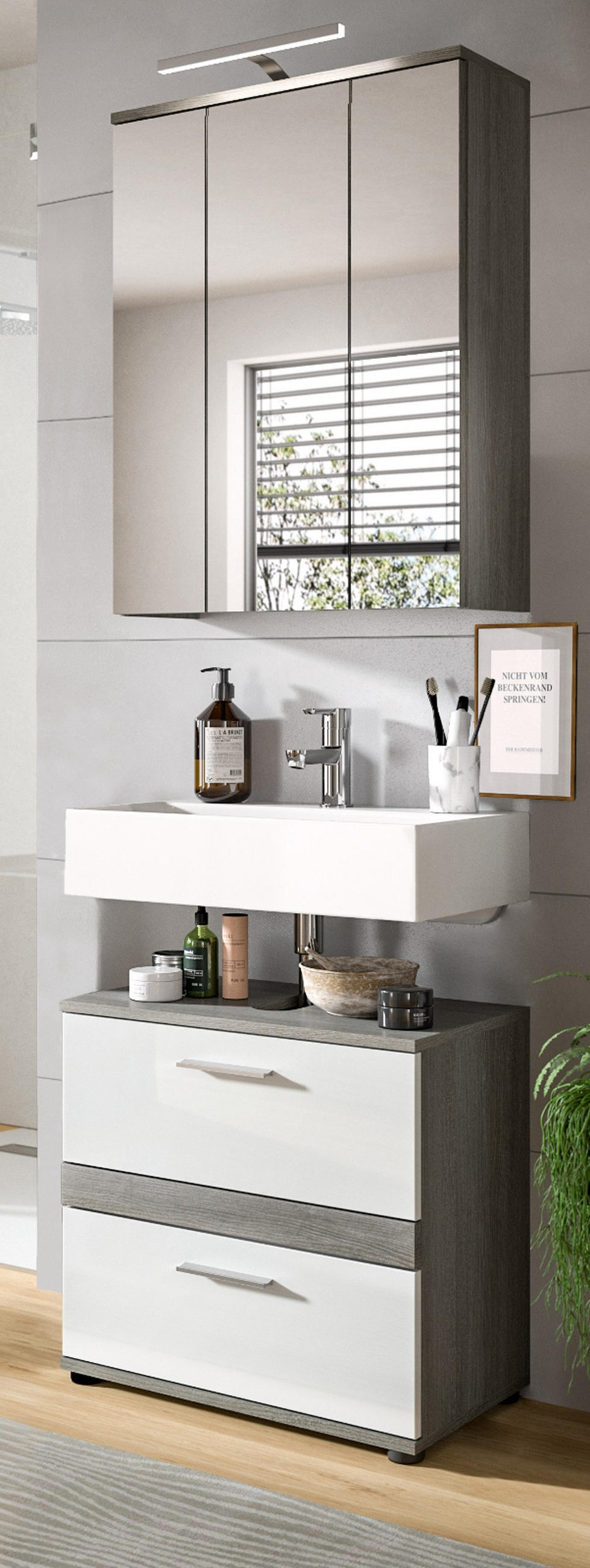 BADMÖBEL-SET weiß Hochglanz, grau 2-teilig 60 cm, Kombination mit viel Stauraum - Weiß Hochglanz/Grau, Holzwerkstoff (60/191/34cm) - Inn.Furn