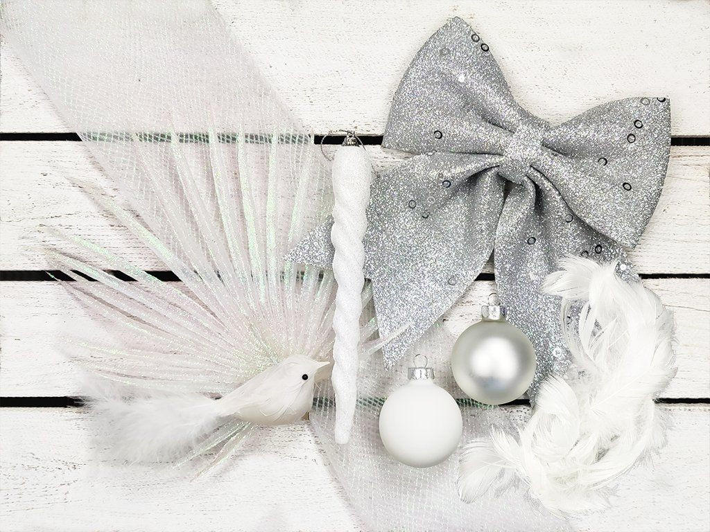 WEIHNACHTSBAUMSCHMUCK-SET WINTERFREUDEN 70-teilig, für Weihnachtsbäume 120–210 cm, inkl. Aufbewahrungsbox - Silberfarben/Weiß, Kunststoff/Textil (55/50/75cm) - LAALU