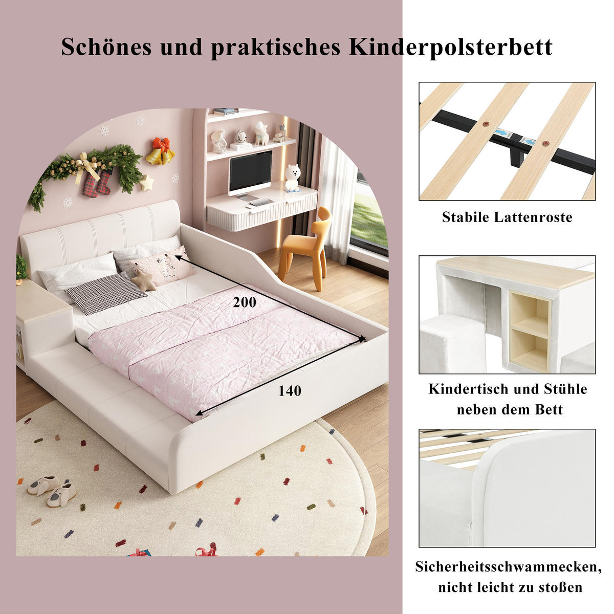 KINDERBETT 140x200 cm Tisch Samt weiß - Weiß, Textil (140/200cm) - LEBENLANG