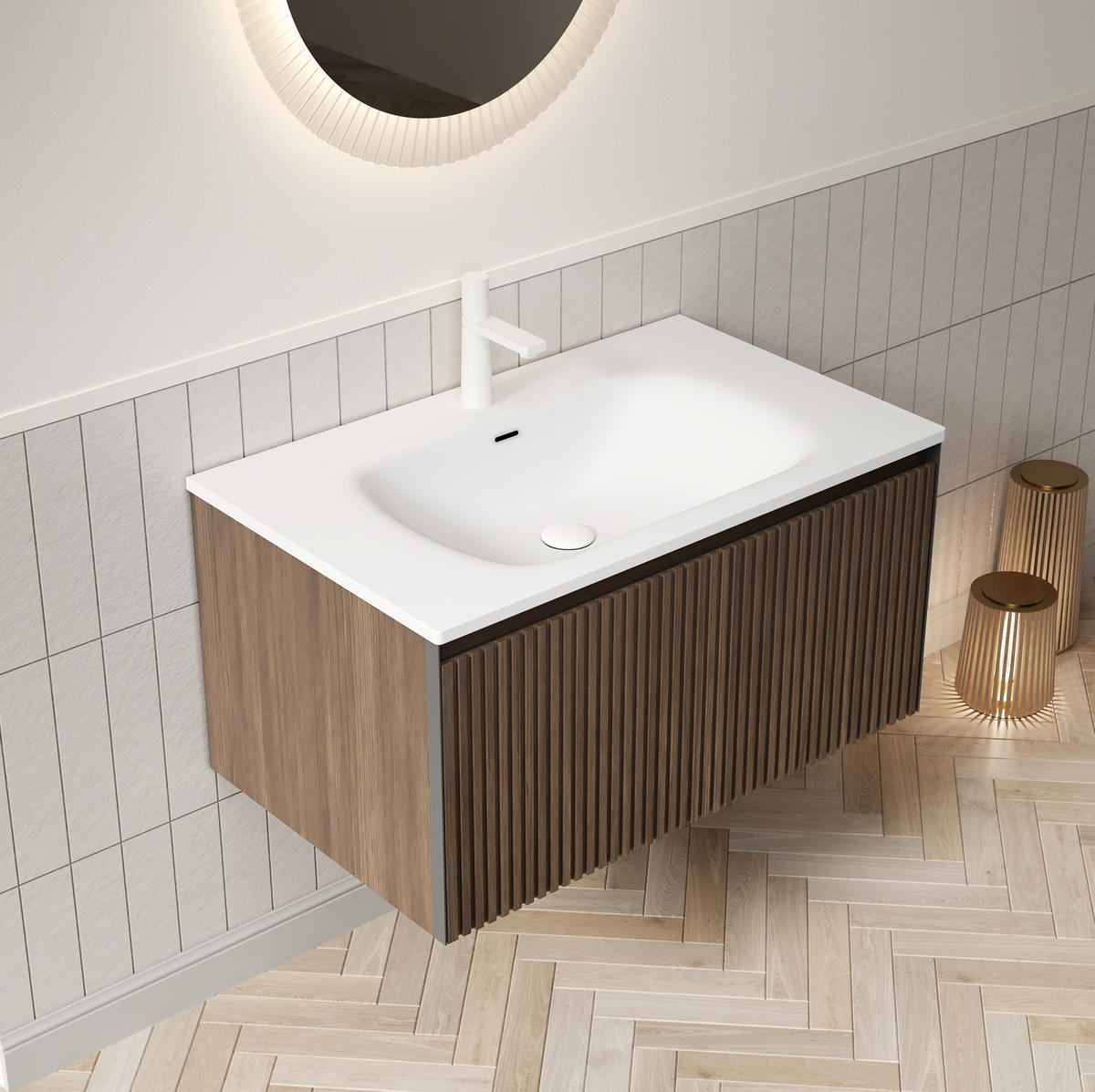 WASCHTISCHKOMBI 80 cm in Braun Eiche/Weiß mit Keramikbecken und Schublade - Braun, Keramik (80/41.8/46cm) - Flora Grace
