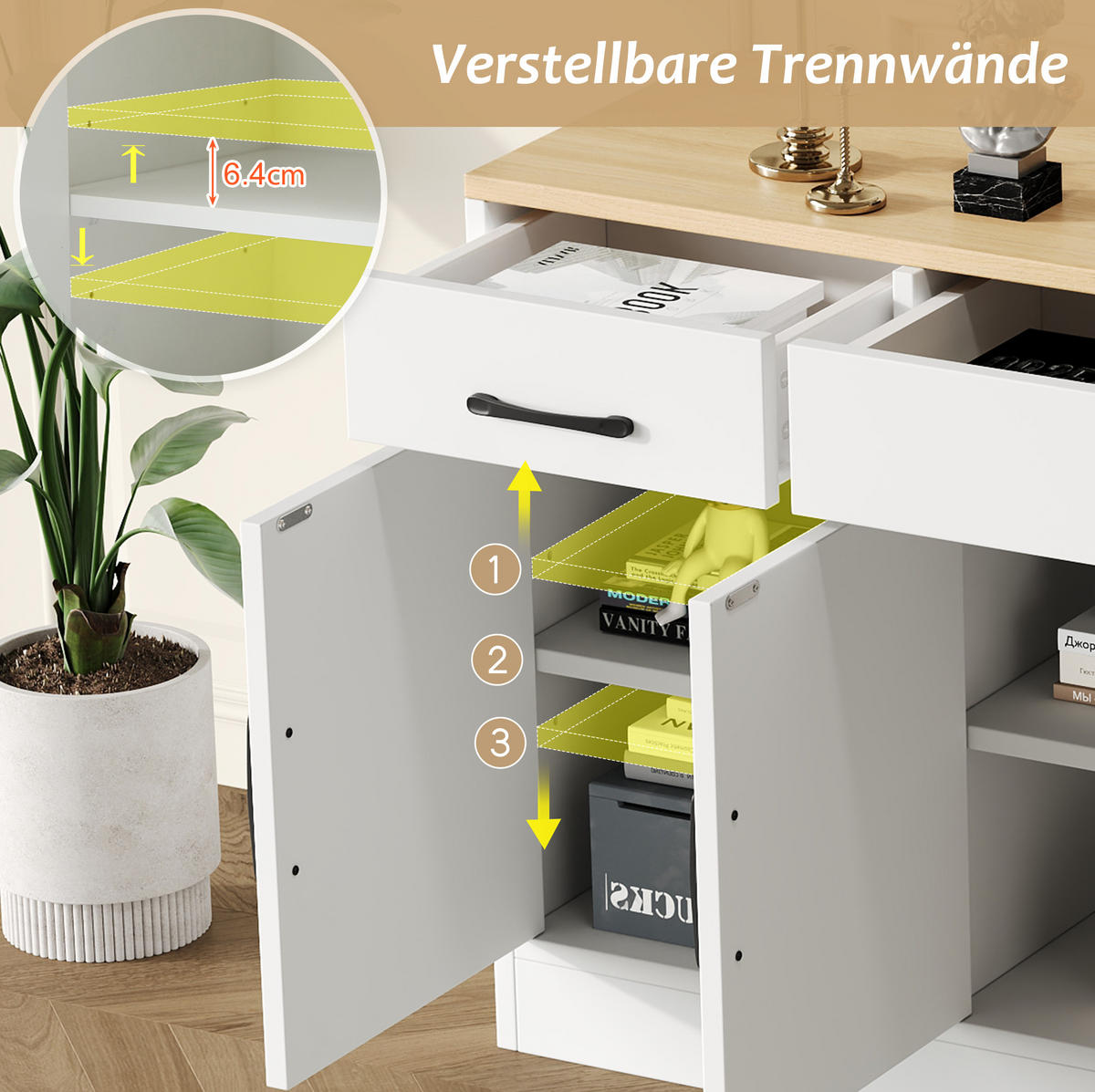 SIDEBOARD 160/37/75 cm Weiß aus MDF mit 3 Schubladen und 4 Türen - Weiß, Holzwerkstoff (37/75/160cm) - OKMYHOME
