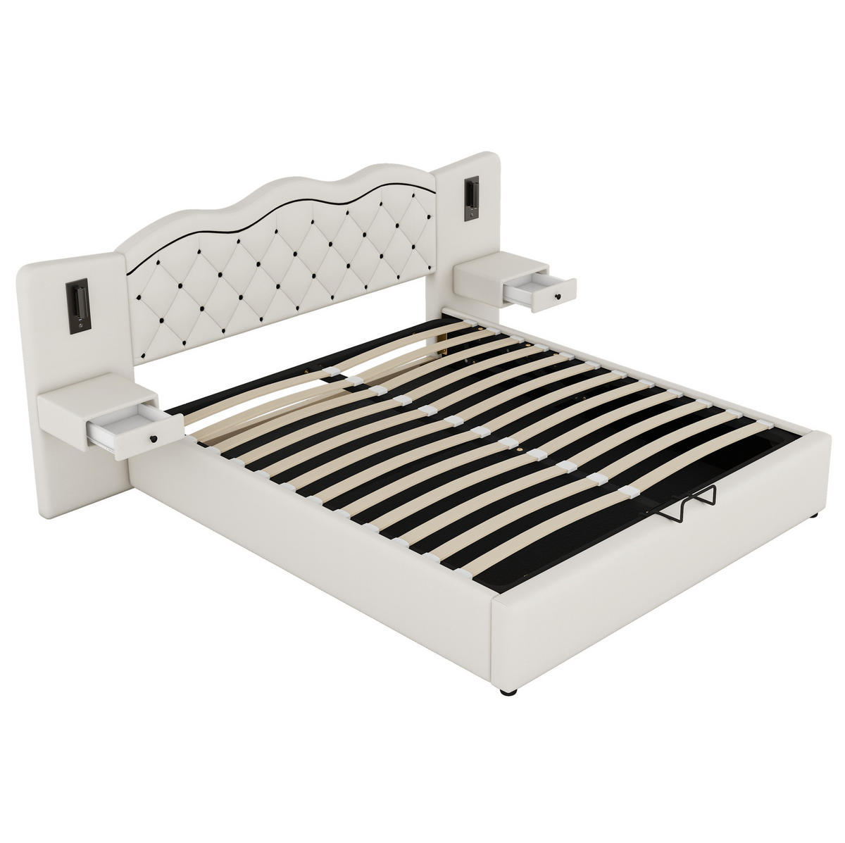 ČALOUNĚNÁ postel 180/200 cm béžová z lnu a MDF s úložným prostorem, USB a osvětlením - béžová, textil (180/200cm) - OKWISH