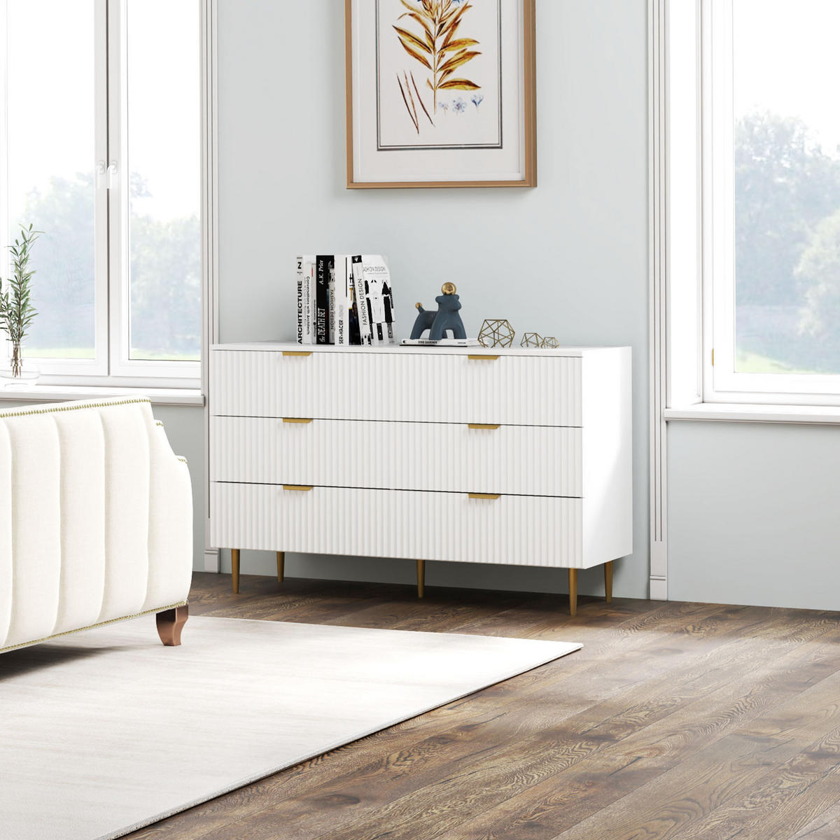 KOMOODE DE-12857 6 Schubladen, goldene Griffe und Füße Weiß - Weiß, Holzwerkstoff (120/76.5/40cm) - ComfortXL