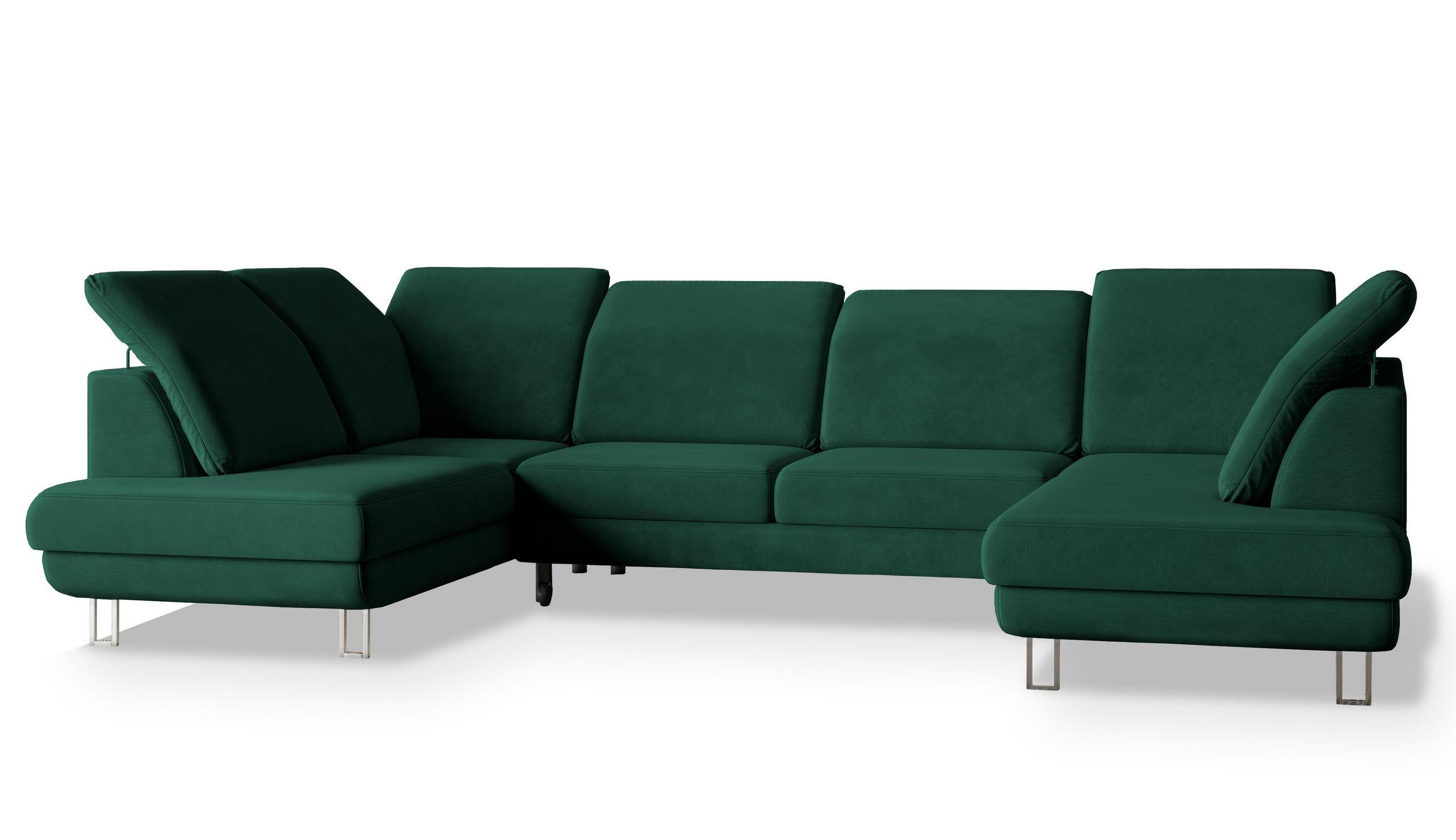 WOHNLANDSCHAFT TERAMO Grün Velours-Stoff mit Schlaffunktion - Grün, Holz (316/88/193cm) - MASSENO