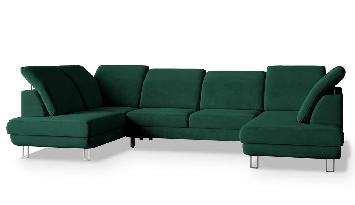 WOHNLANDSCHAFT TERAMO Grün Velours-Stoff mit Schlaffunktion - Grün, Holz (316/88/193cm) - MASSENO