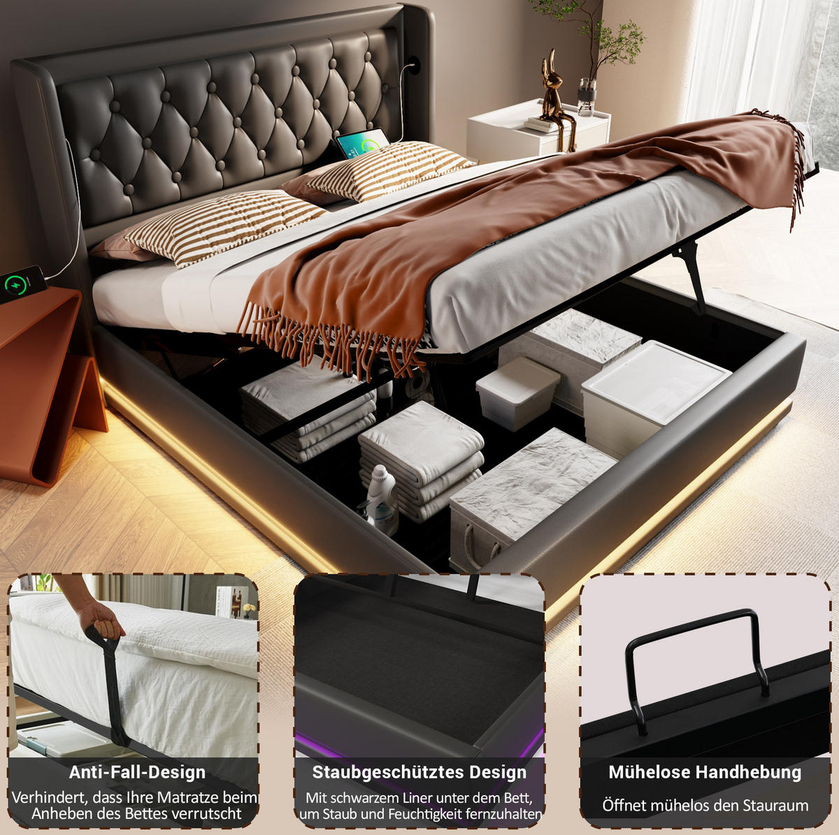 POLSTERBETT 180/200 cm Schwarz aus PU mit LED, USB und Typ-C - Schwarz, Kunststoff (180/200cm) - OKMYHOME
