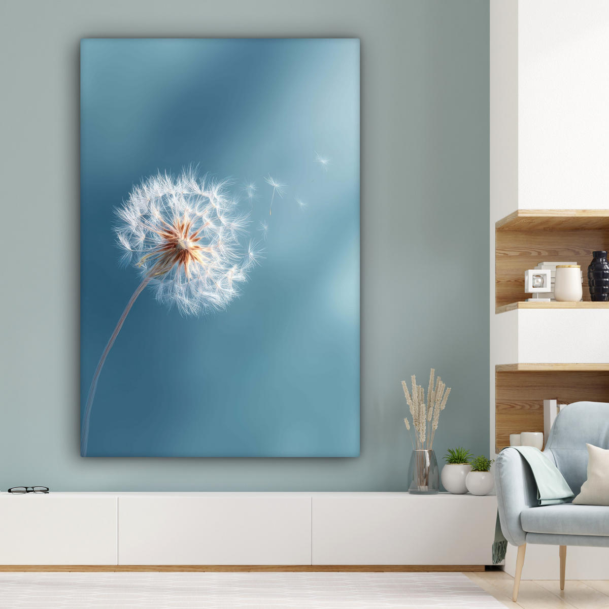OBRAZ NA PLÁTNĚ Pampeliška - vítr - modrá 90x140 cm - šedohnědá, textil (90/140cm) - MuchoWow