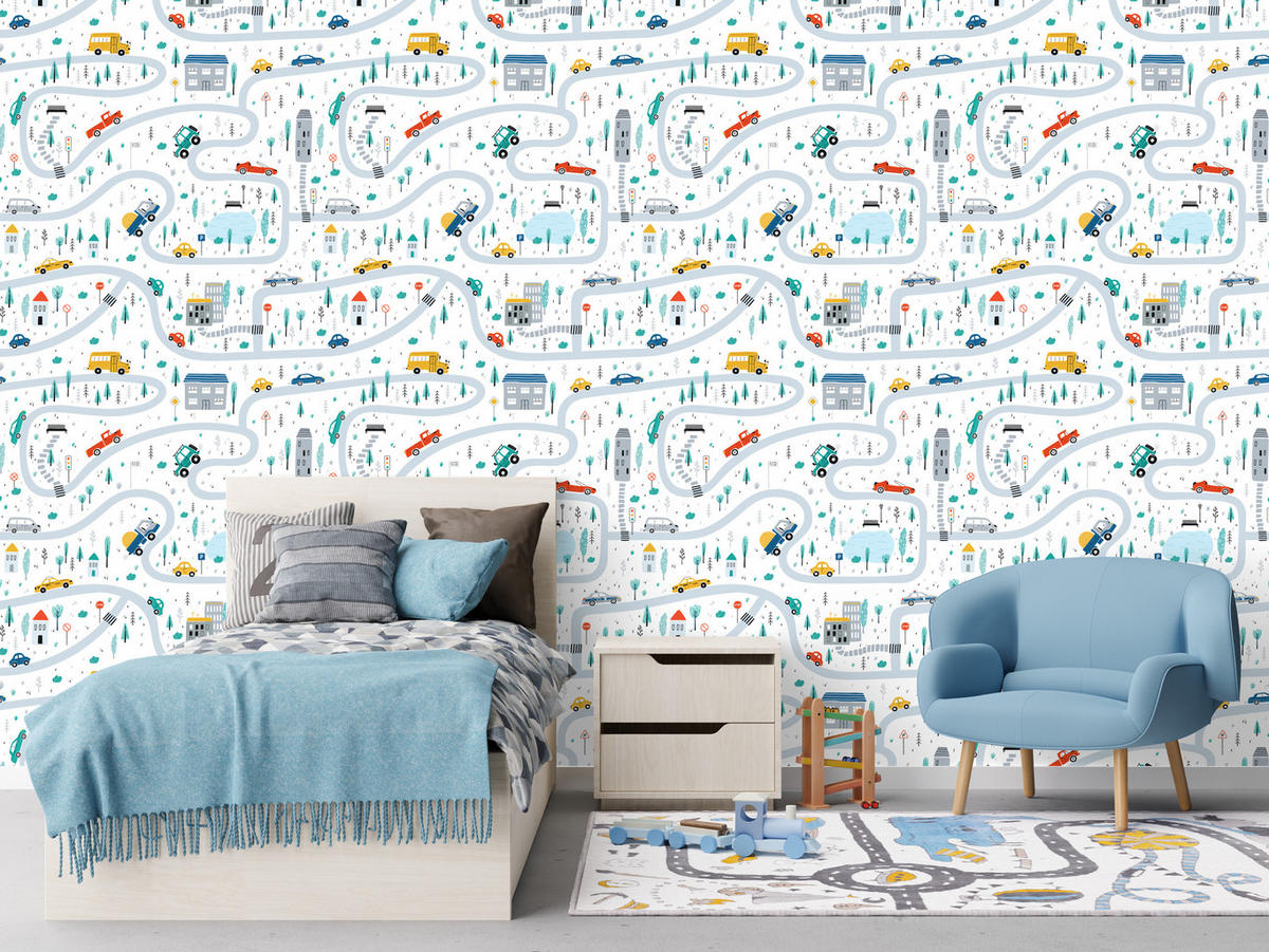 VLIESTAPETE Autos und Straßen – Bunt, Weiß – 50x1000 cm - Multicolor/Weiß, Papier (50/1000cm) - Muralo