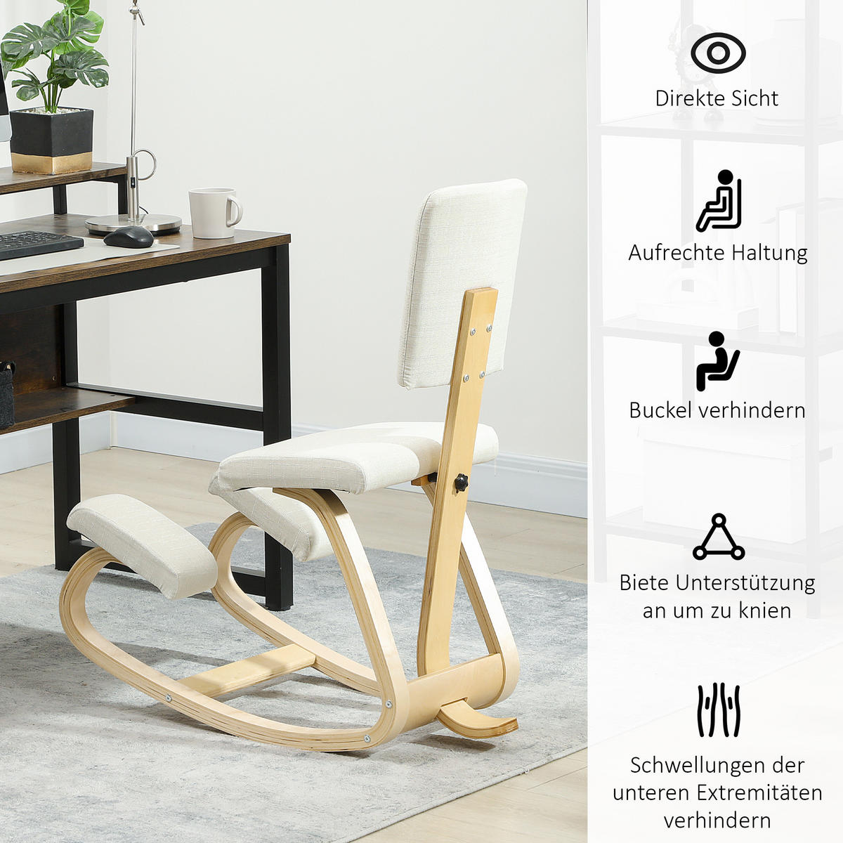 ERGONOMISCHER Kniestuhl, Kniehocker Gesundheitsstuhl für Zuhause, Büro Creme - Creme, Holz/Textil (51/93/84cm) - HOMCOM