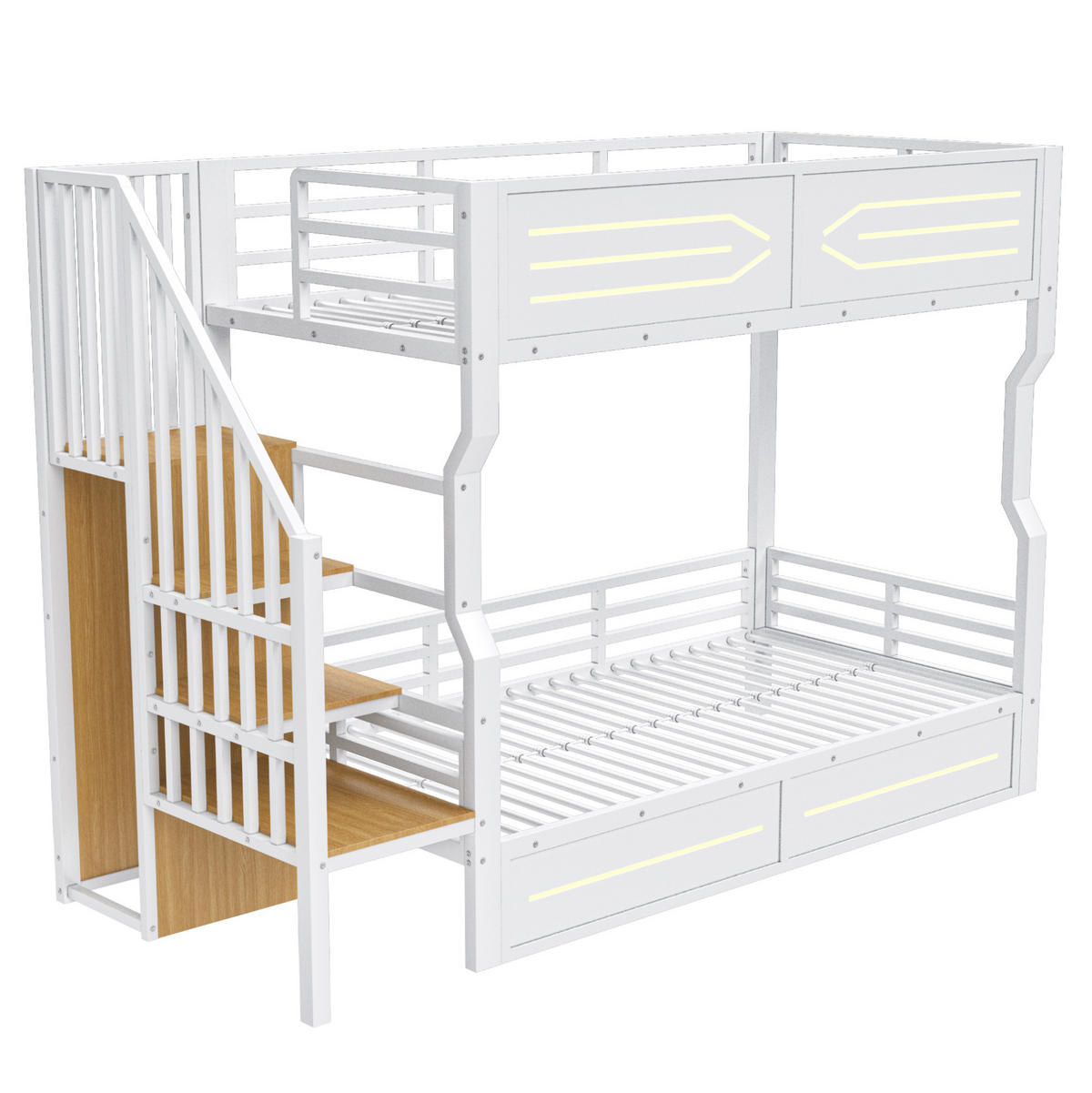 ETAGENBETT aus Metall und MDF 90x200 cm Weiß mit Stauraumtreppe, Schrank und LED-Beleuchtung - Weiß, Holzwerkstoff (90/200cm) - Modfu