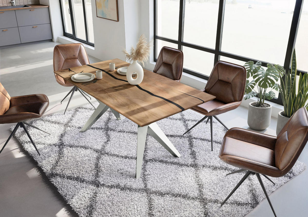 ESSTISCH Mango 180x90x76 natur lackiert / Epoxid schwarz, Sterngestell silber matt EPOXY - Naturfarben, Holz (180/90/76cm) - Massivmoebel24
