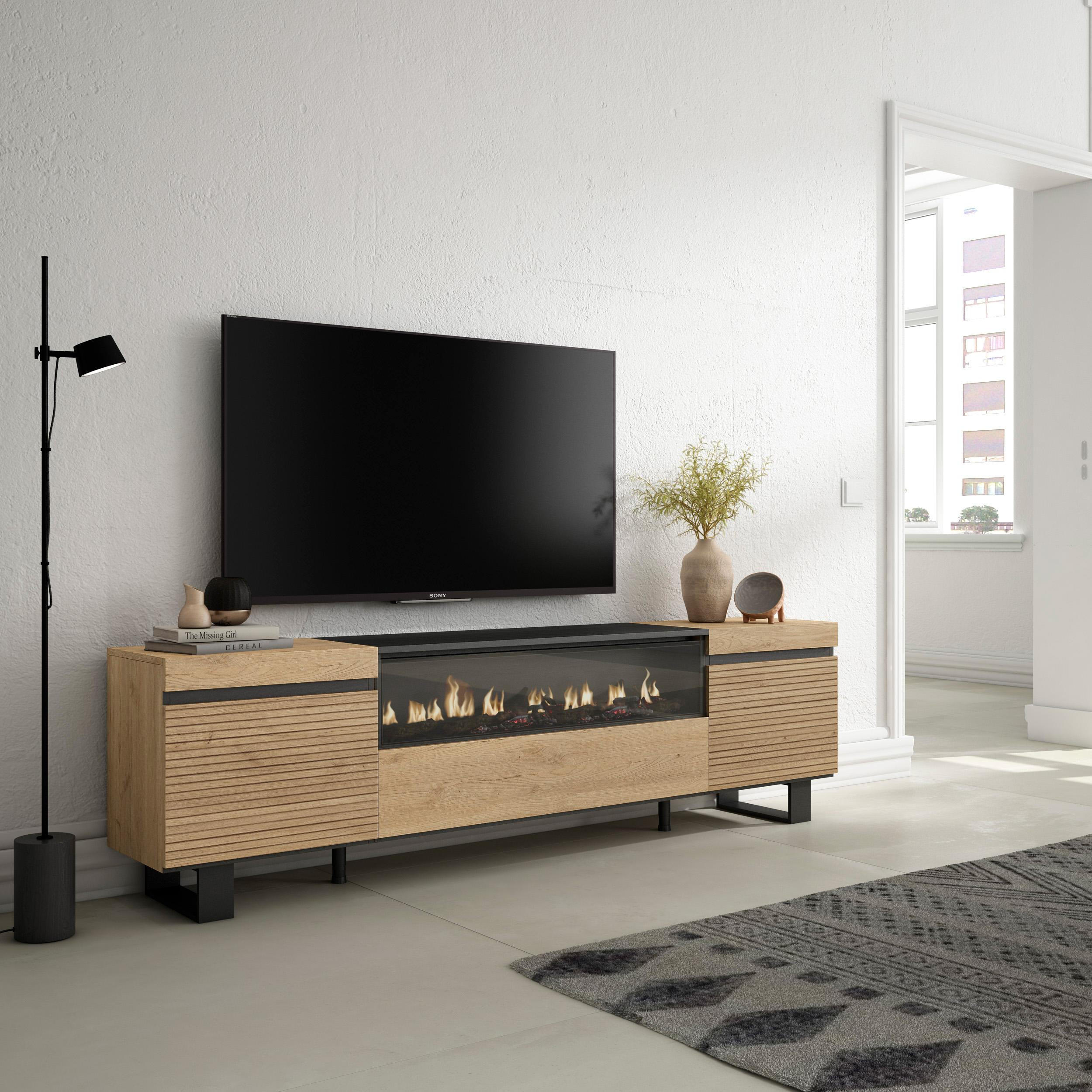 TV-SCHRANK eiche, mit Elektrokamin, 200/35/57cm - Eichefarben, Holzwerkstoff (200/57/35cm) - Skraut Home
