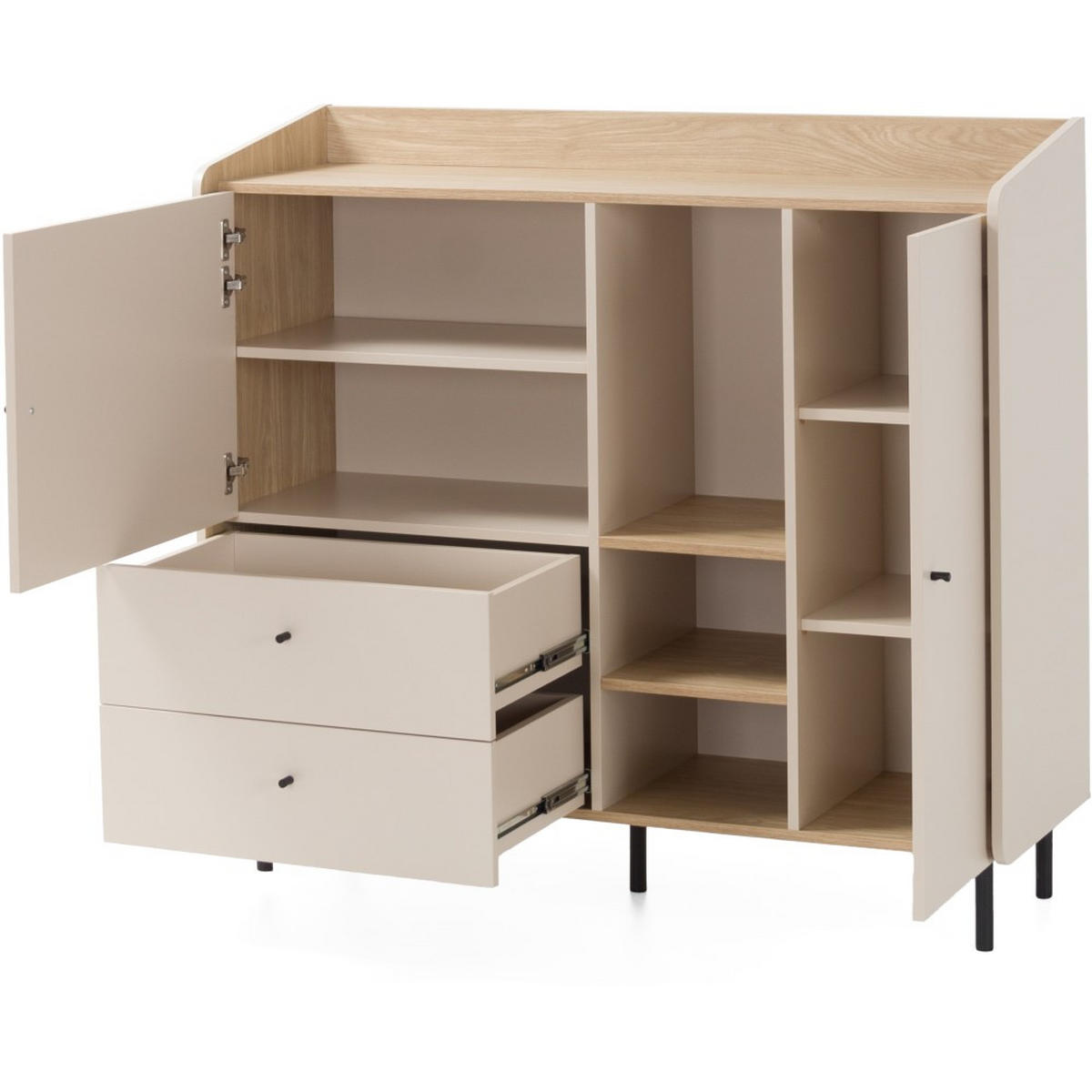 KOMMODE Alex für Jugendzimmer mit 2 Türen, 2 Schubladen - Eukalyptusholzfarben/Schwarz, Holzwerkstoff (125/115/42cm) - Beautysofa
