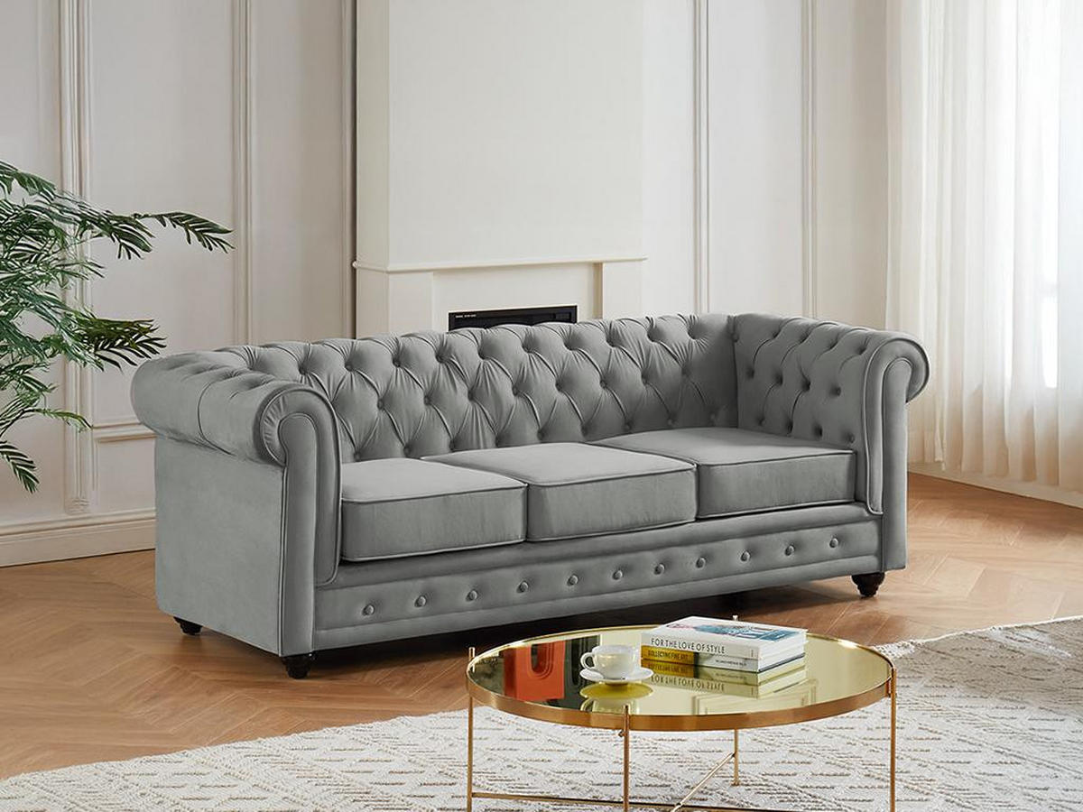 SOFA 3-Sitzer - Samt - Hellgrau - CHESTERFIELD - Hellgrau, Textil (88/72/205cm) - Vente-Unique