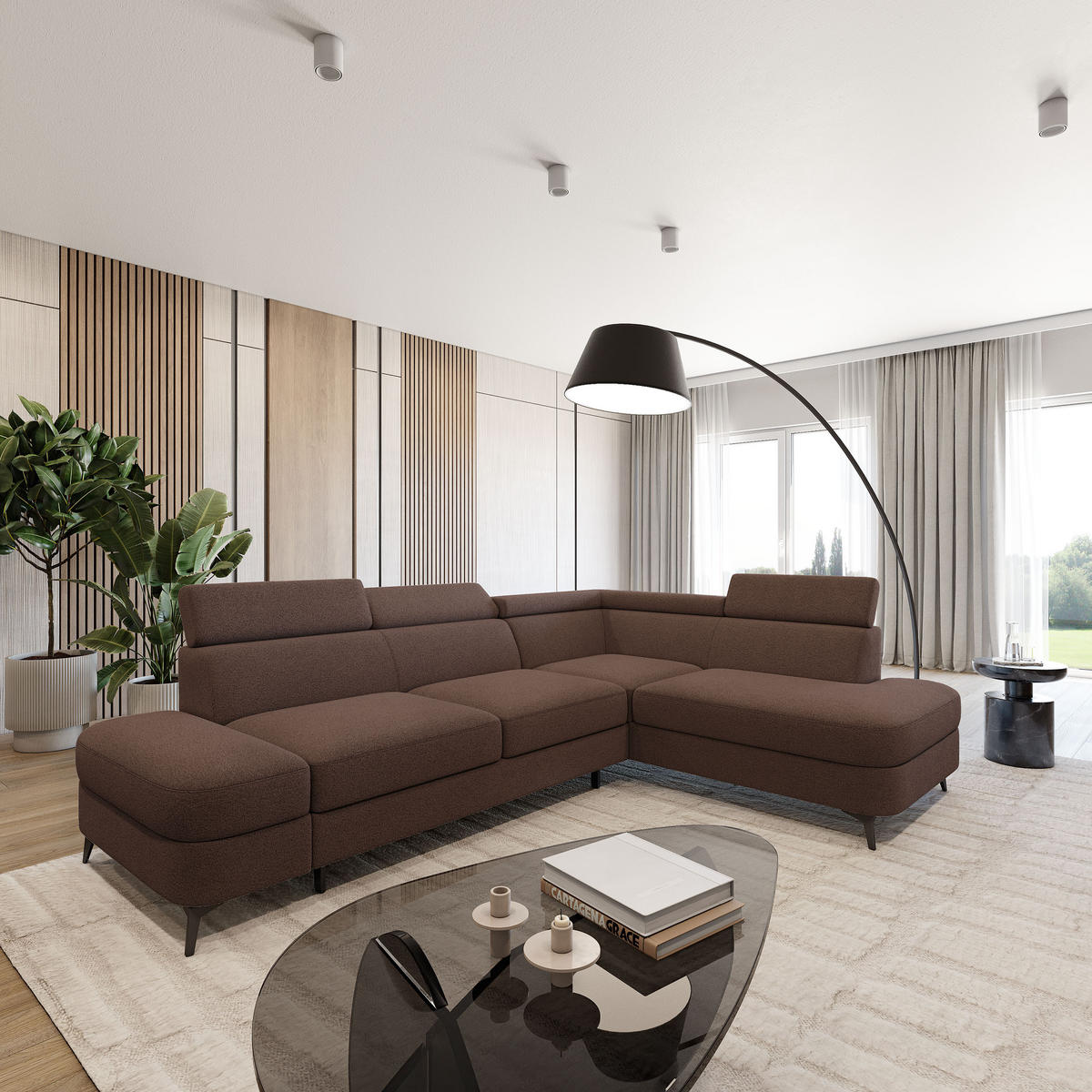 ECKSOFA AVISE Q R-S Braun Boucle-Stoff mit Schlaffunktion - Braun, Holzwerkstoff/Textil (268/195cm) - MASSENO