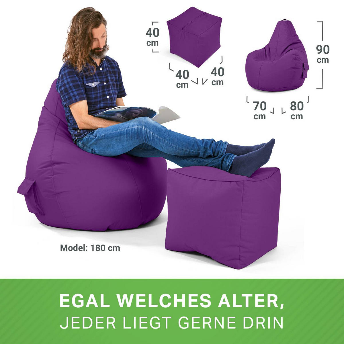 SITZSACK + Hocker "Cozy+Cube" 2er Set - Lila, Textil (70/90/80cm) - Green Bean