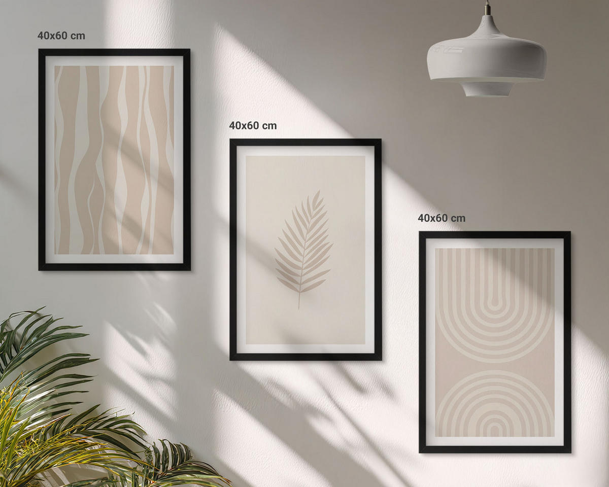 BILDER SET 3er Set - 40x60 cm Schwarzer Rahmen - Beige Pflanzenmuster - Schwarz, Kunststoff (40/60cm) - TULUP