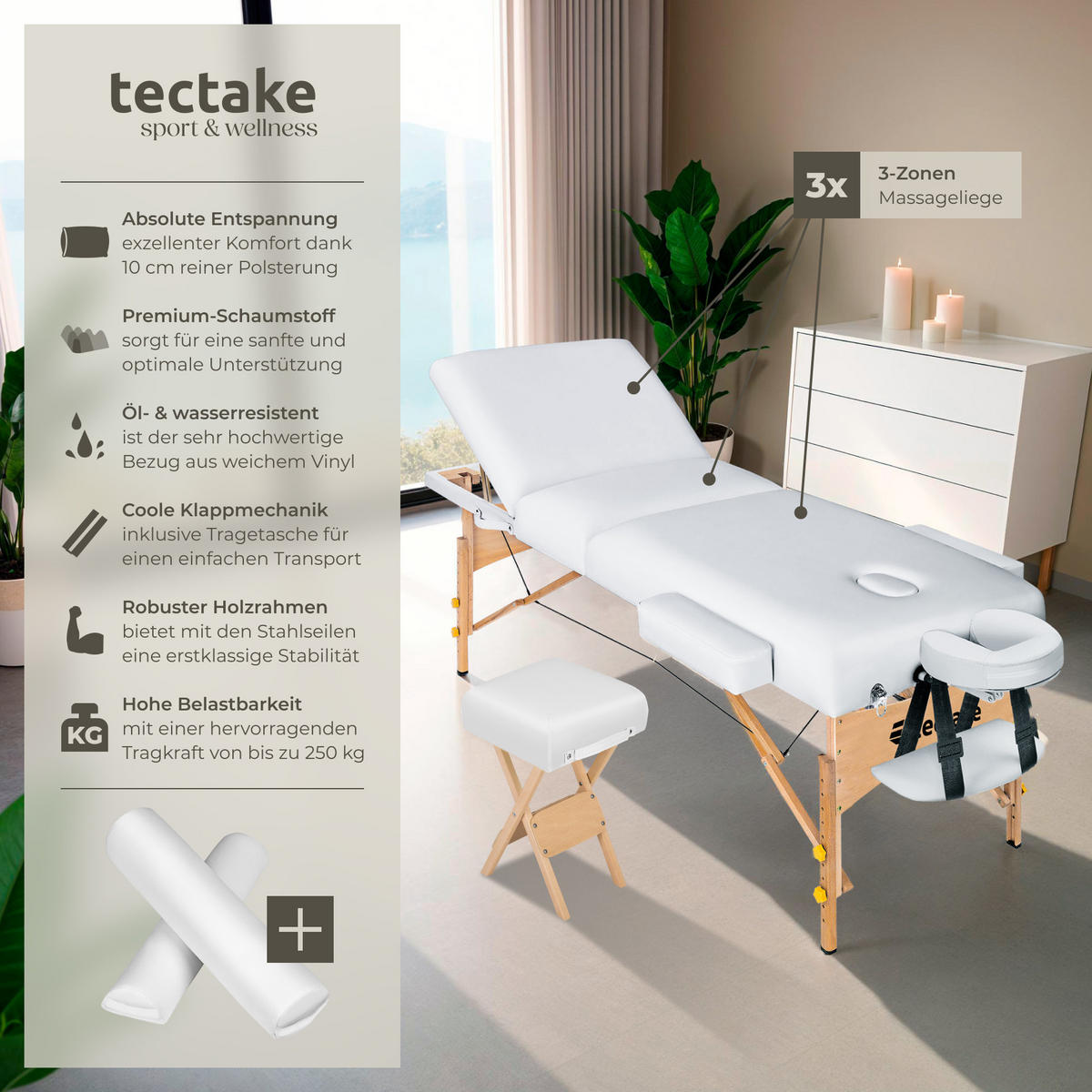 MASSAGELIEGE-SET 3 Zonen, 218 x 102 x 90 cm,weiß - Weiß, Holz (102/90/218cm) - tectake