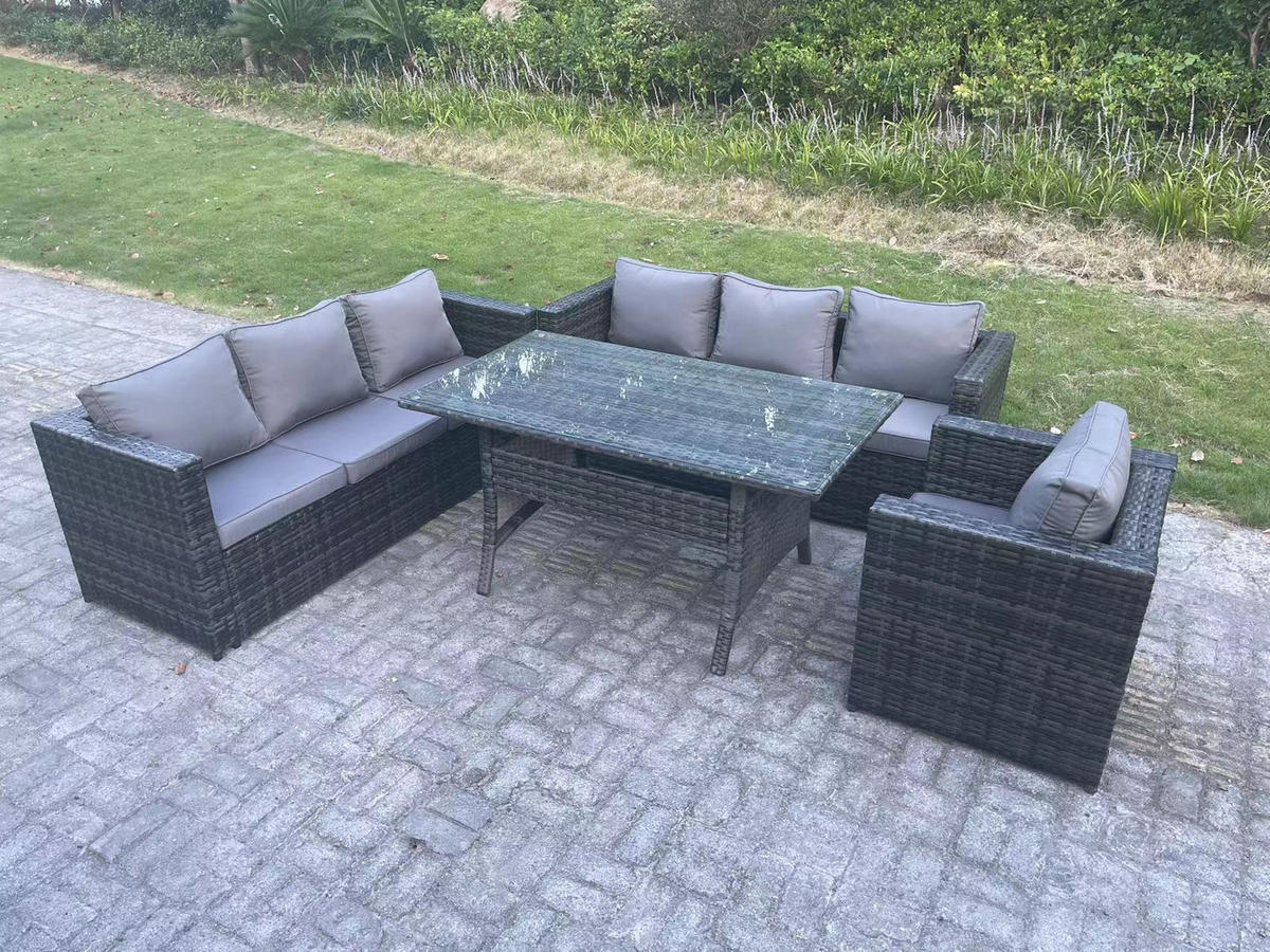 LOUNGEGARNITUR mit Hocker Polyrattan Dunkelgrau 7-Sitzer - Dunkelgrau/Grau, Glas/Kunststoff - Fimous