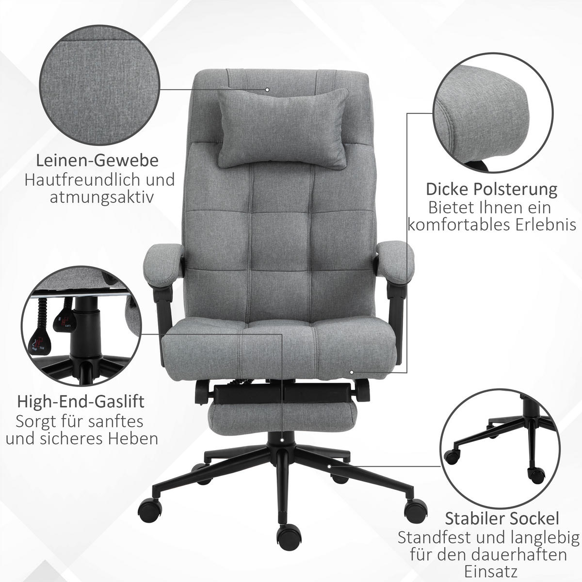 BÜROSTUHL, Schaumstoff, PVC, Hellgrau - Hellgrau, Kunststoff (76/120/66cm) - Vinsetto