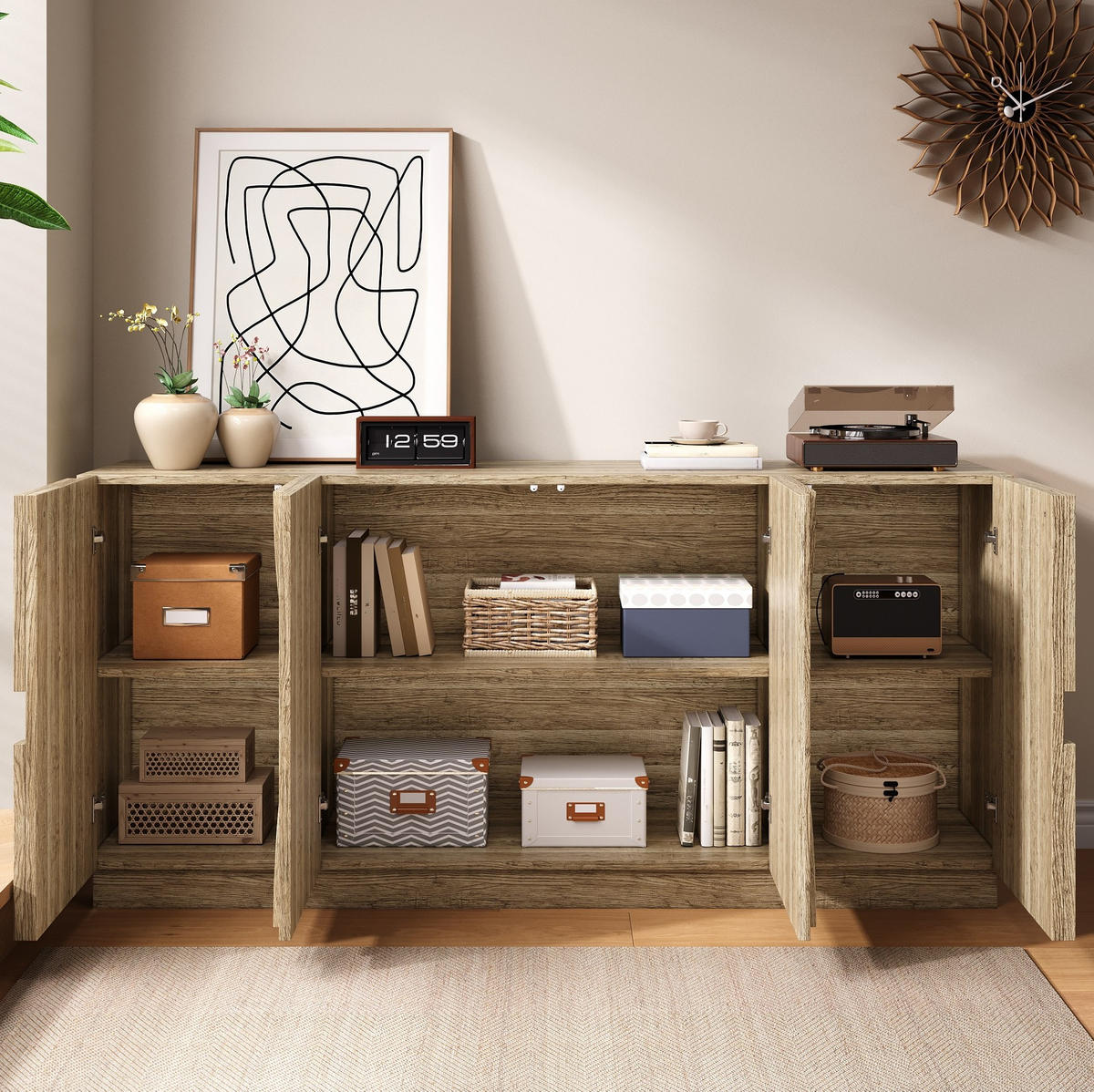 SIDEBOARD in Natur mit Türen und verstellbaren Einlegeböden, Spanplatte, skandinavisch, 160/40/80 cm, Holzoptik，Naturfarben - Naturfarben, Holzwerkstoff (160/80/40cm) - Redom