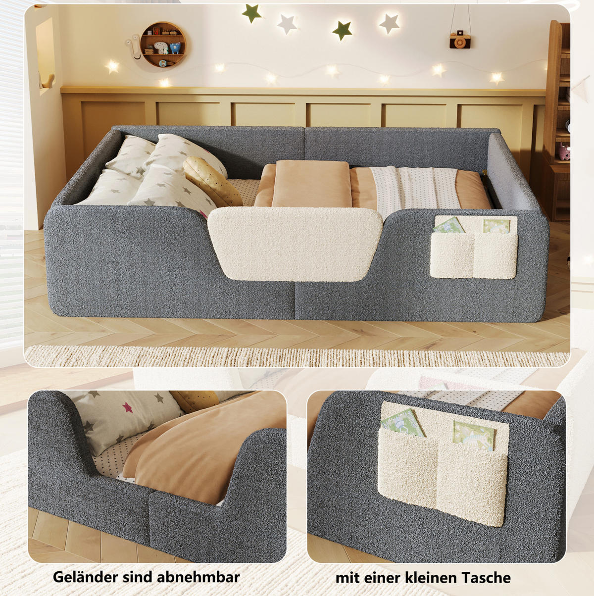 KINDERBETT Liegefläche 140/190 cm mit abnehmbaren Seitengittern in Grau - Grau, Textil (140/190cm) - BEAOK