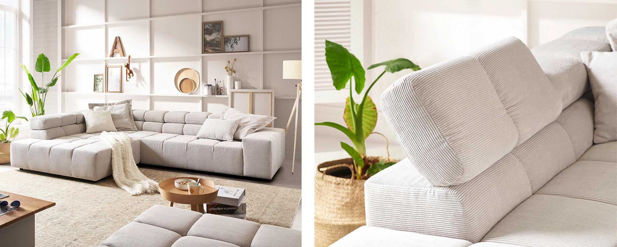 Biely čalúnený nábytok v svetlej miestnosti.