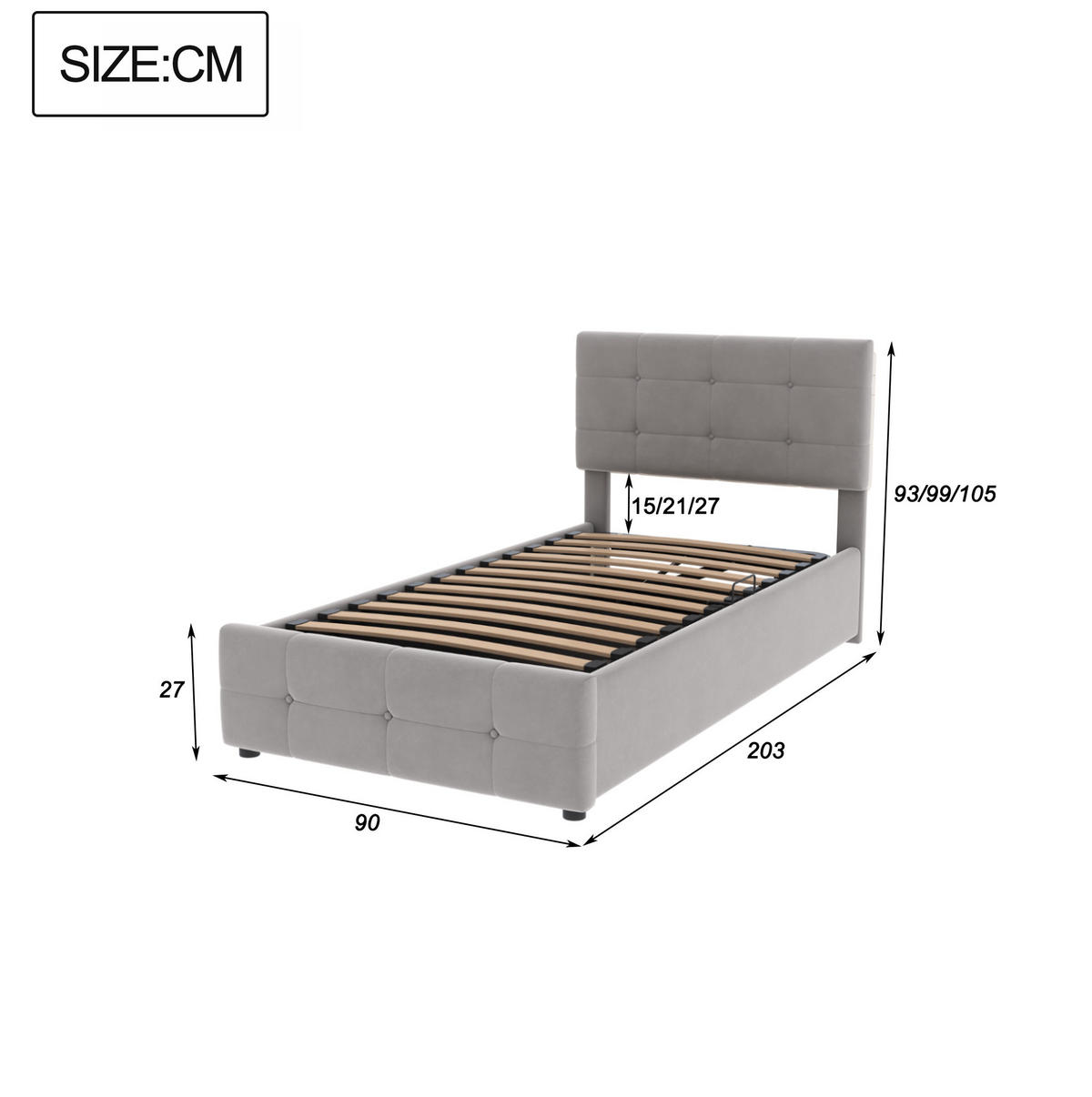 OTROŠKA polnjena postelja iz MDF in kovine 90x200 cm siva z hidravličnim predalom in nastavljivim vzglavjem - siva, tekstil (90/200cm) - Modfu