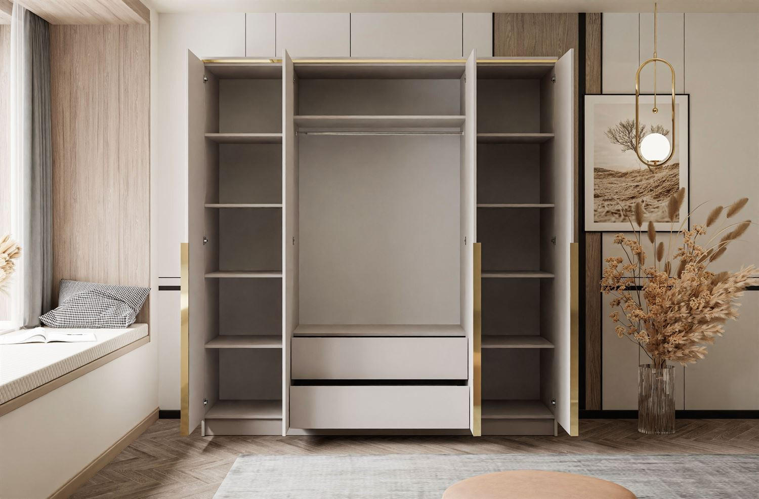 Thumbnail - Lookway Kleiderschrrank, Kaschmir, Gold, Holzwerkstoff, Uni, 2 Schubladen, Rechteckig, 200x213x57 cm, Schlafzimmer, Klei...