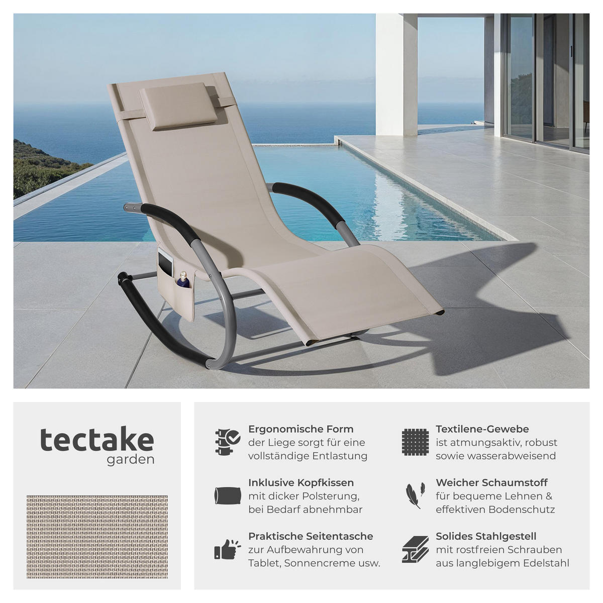 GARTENLIEGE Taya,abnehmbares Kopfpolster, seitliche Aufbewahrungstasche,beige - Beige, Kunststoff (62/92/142cm) - tectake