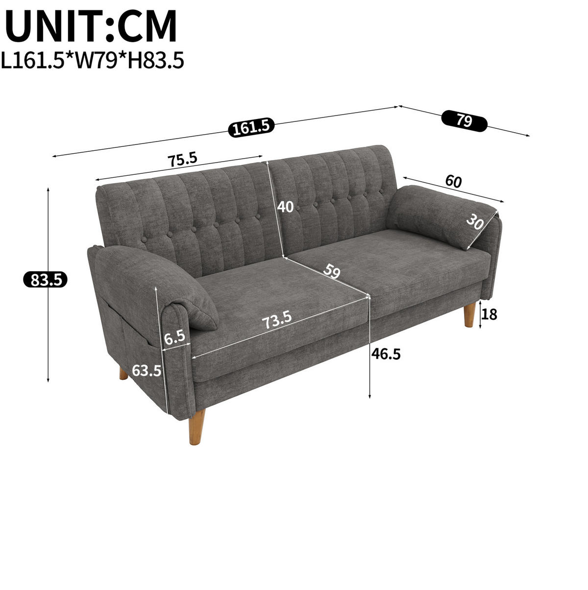 SOFA 161,5/79/83,5 cm in Hellgrau mit Chenillebezug und Seitentaschen - Hellgrau, Textil (79/83.5/161.5cm) - Flora Grace