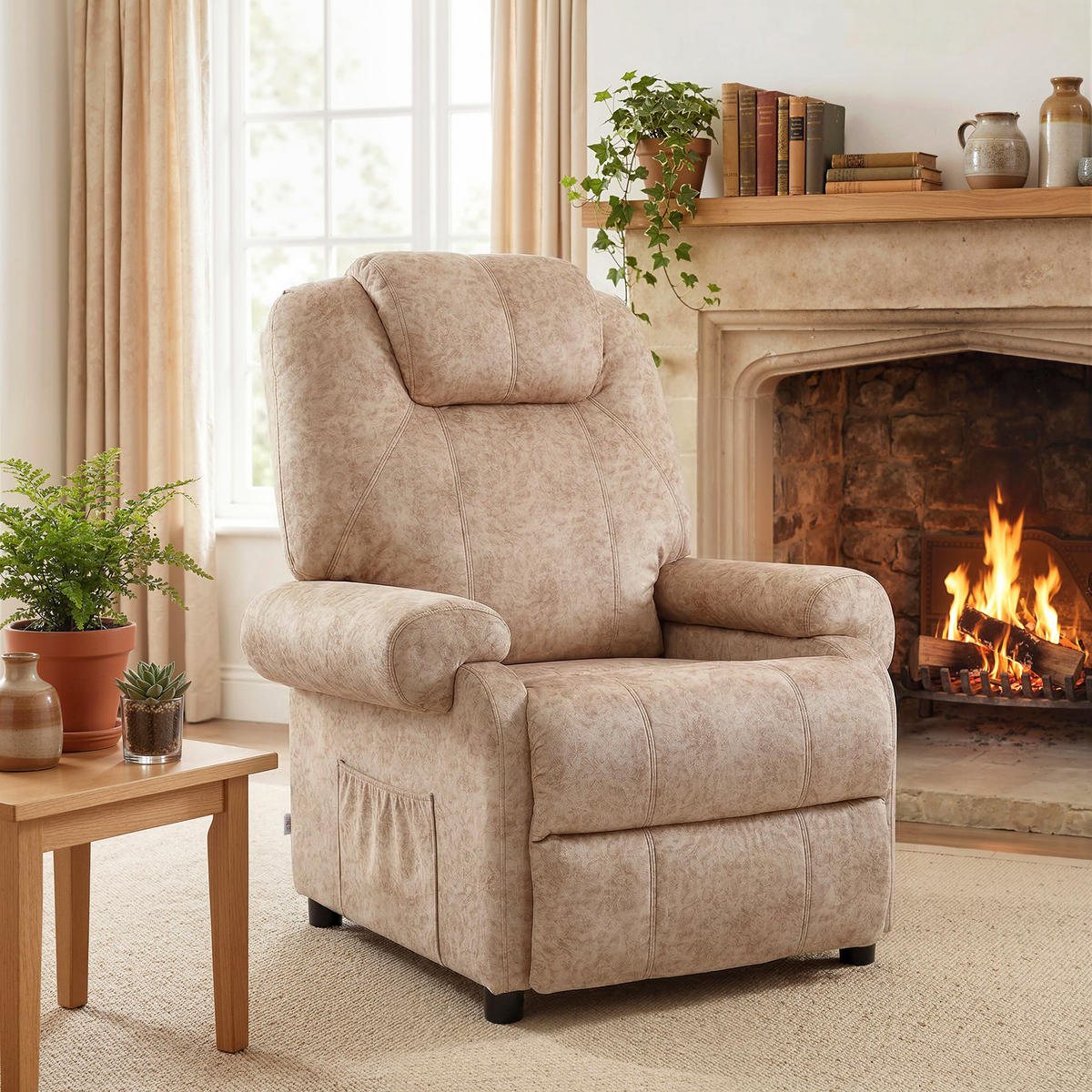 RELAXSESSEL,MANUELL Stoff ausziehbare Fußstütze Seitentasche,beige - Beige, Textil (91/108/88cm) - Vallsero