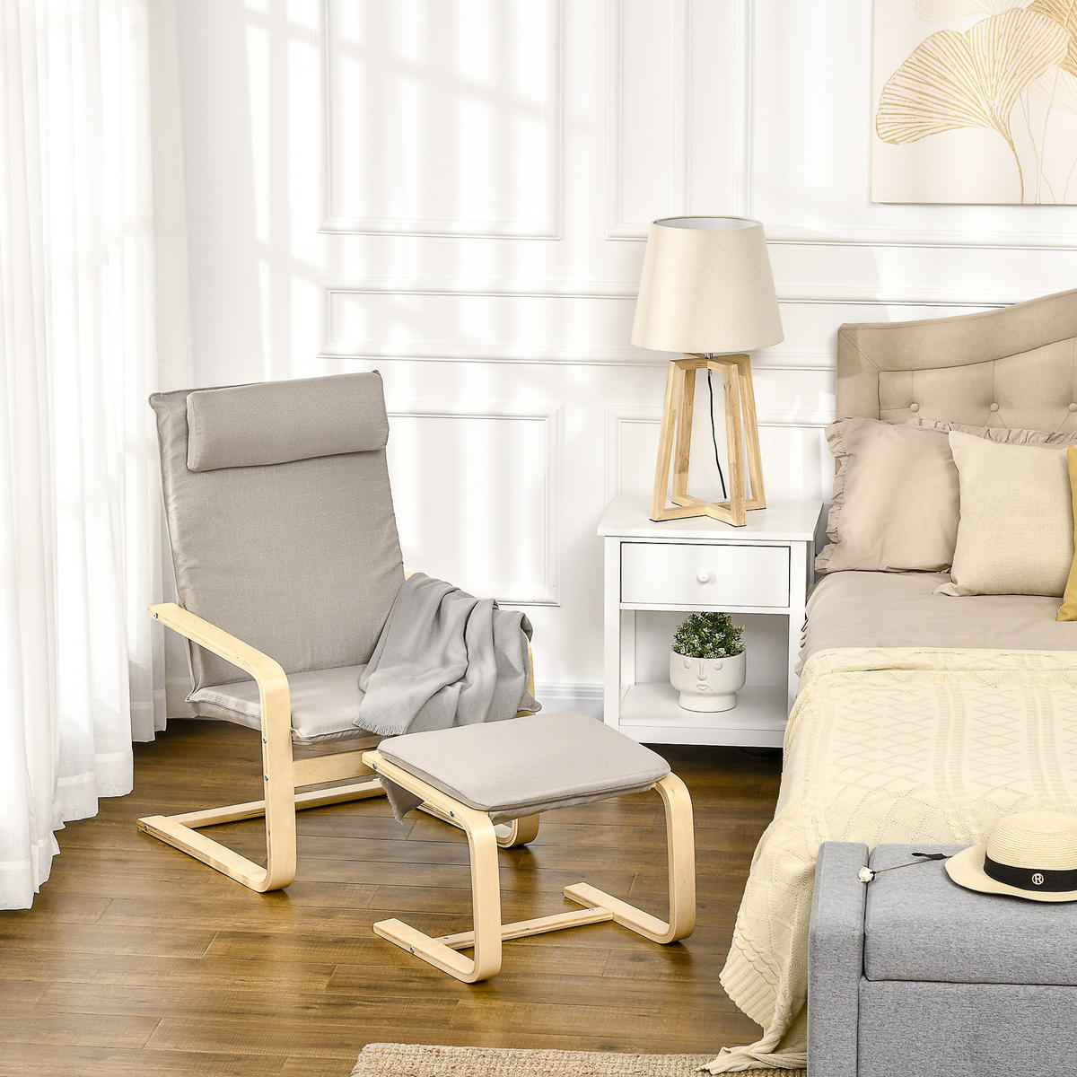 RELAXSESSEL Fußhocker Holz Stoff Kopfstütze 67 x 69 x 100 cm Grau - Grau, Textil (67/92/78cm) - Vallsero