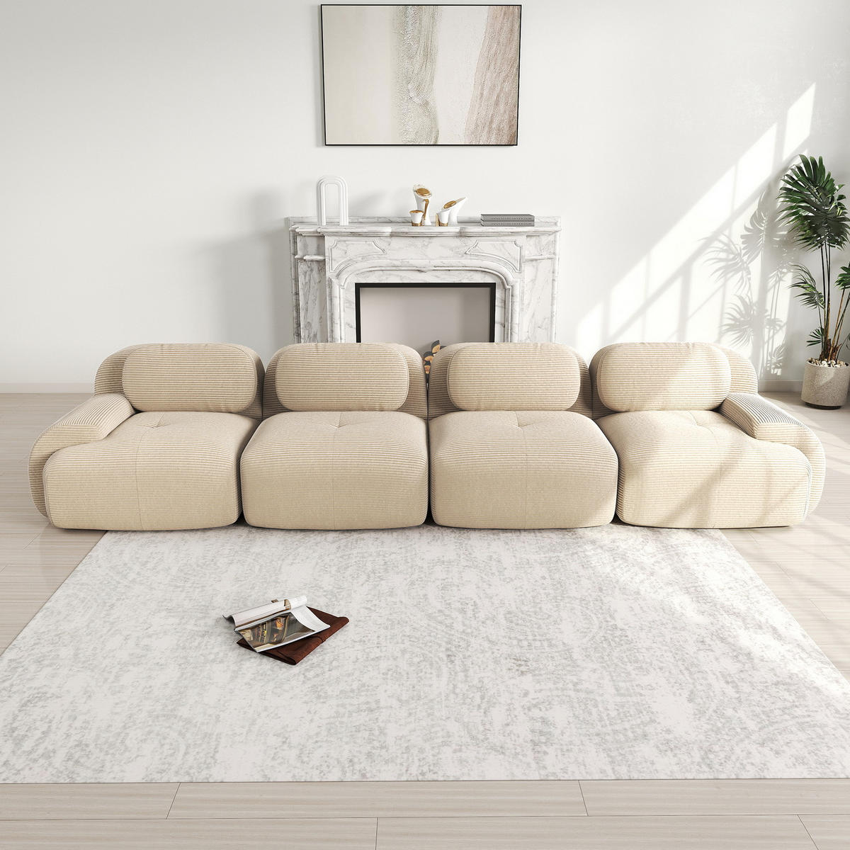 SOFA Modulares 4-Sitzer, Armlehnen, Cordstoff, Beige - Beige, Textil (103/70/388cm) - Meubles Cosy