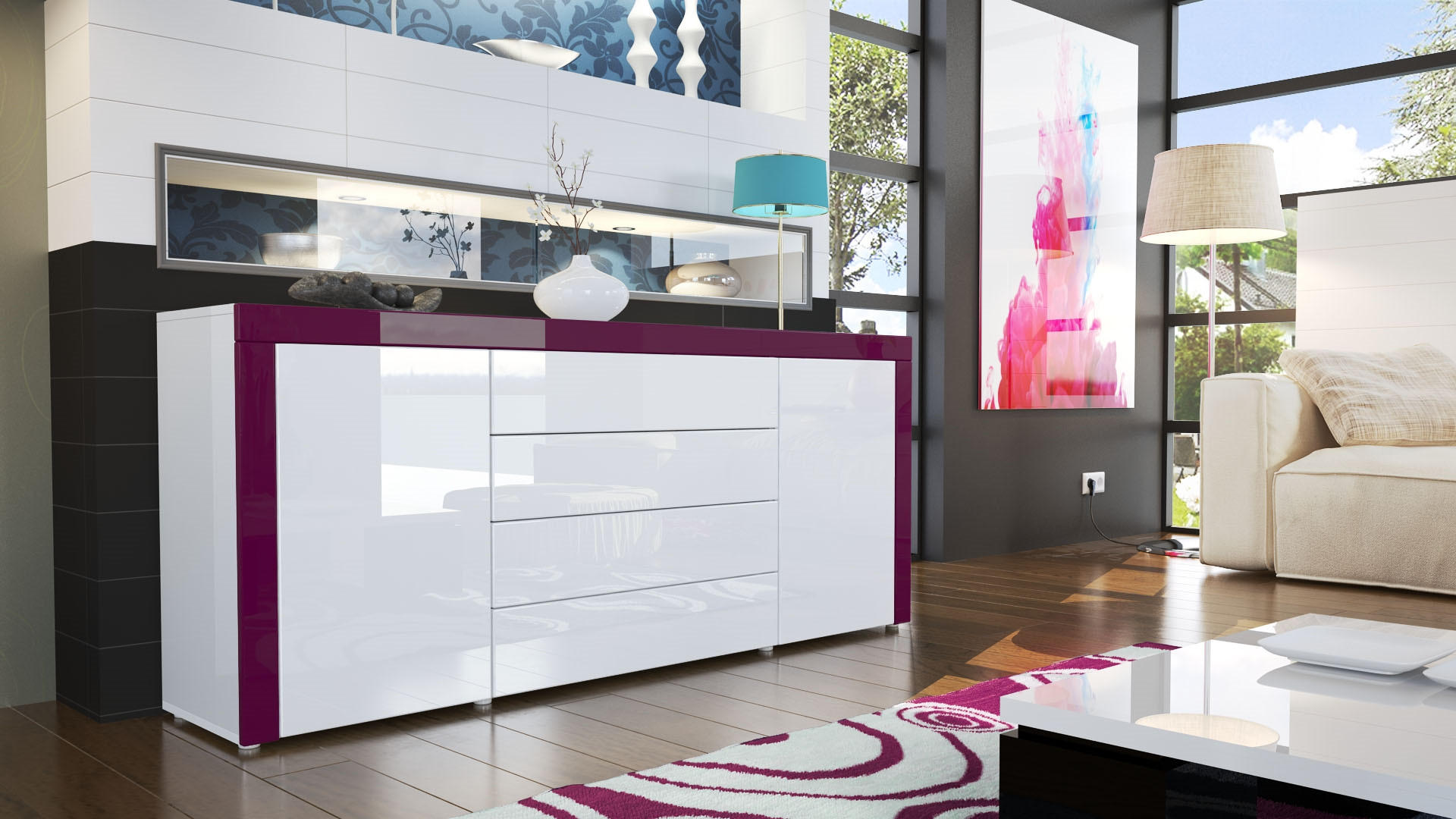 SIDEBOARD La Paz Weiß Hochglanz / Brombeer Hochglanz - Weiß Hochglanz, Holzwerkstoff (167/72/35cm) - Vladon