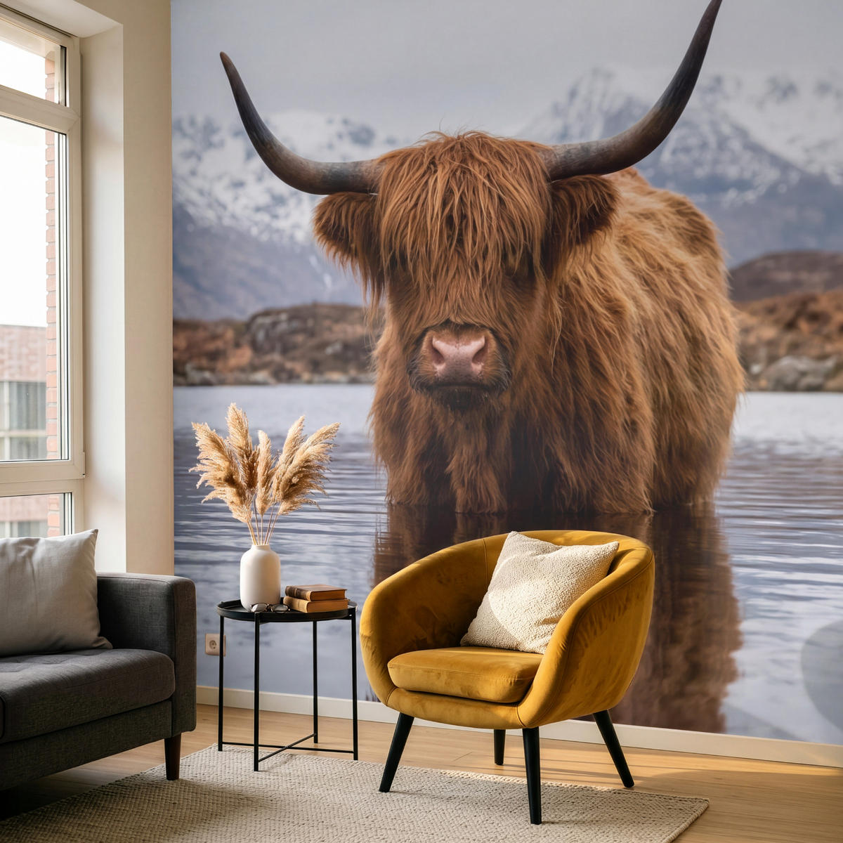 TAPETE - Schottischer Hochländer - Braun - Wasser - 240x220 cm - Braun, Papier (240/220cm) - OnlyWow