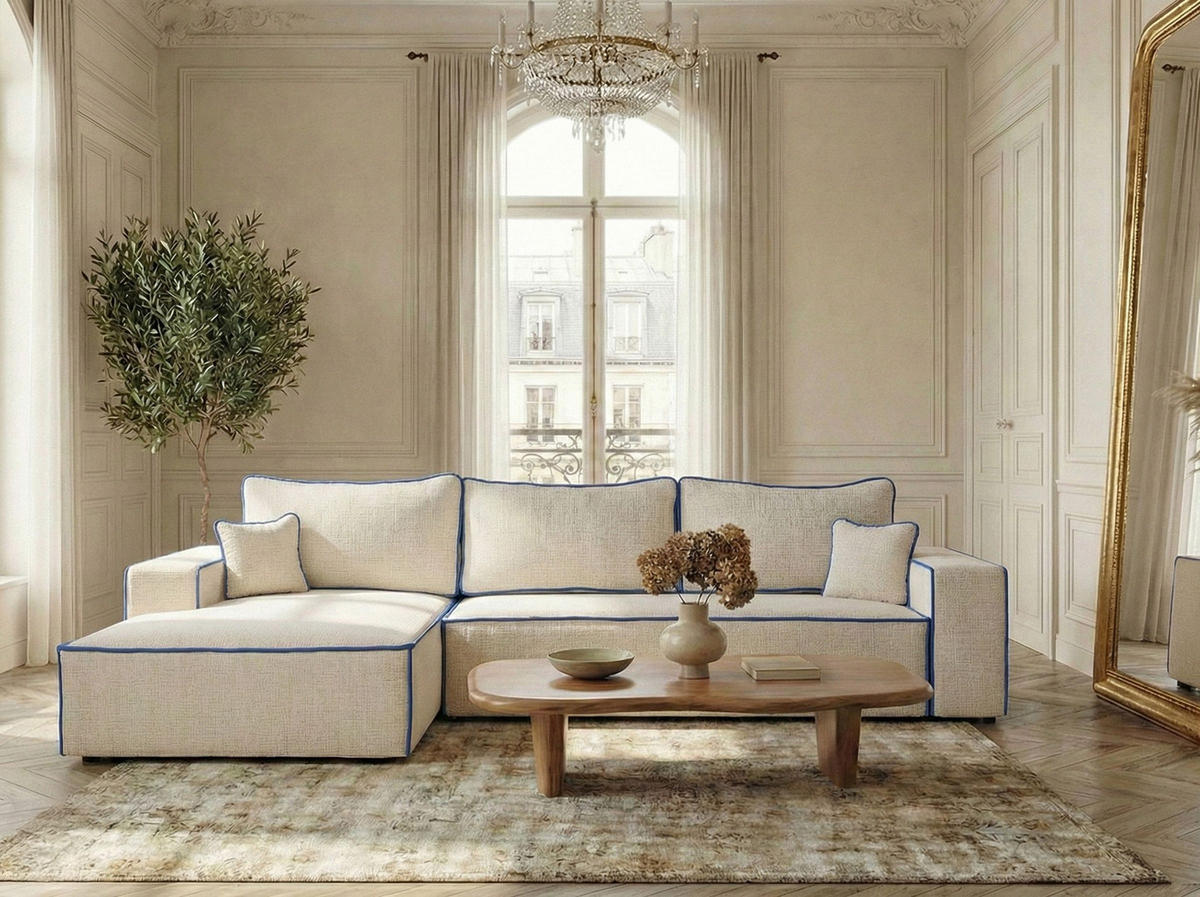 ECKSOFA MIT SCHLAFFUNKTION Modo Kupferfarbe Chenille-Stoff - Links Seite - Creme/Schwarz, Holz/Holzwerkstoff (185/294cm) - Maison de Reve