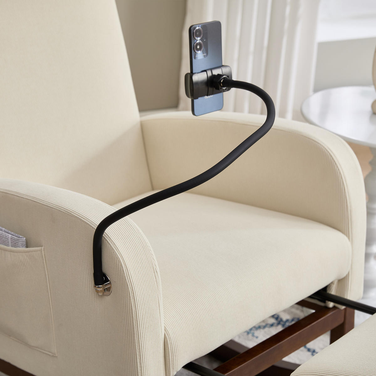 SCHAUKELSTUHL mit hoher Rückenlehne und Kopfstütze, ausziehbare Fußstütze/Handyhalterung – Beige - Beige, Holz/Textil (88/99/65cm) - KOMHTOM