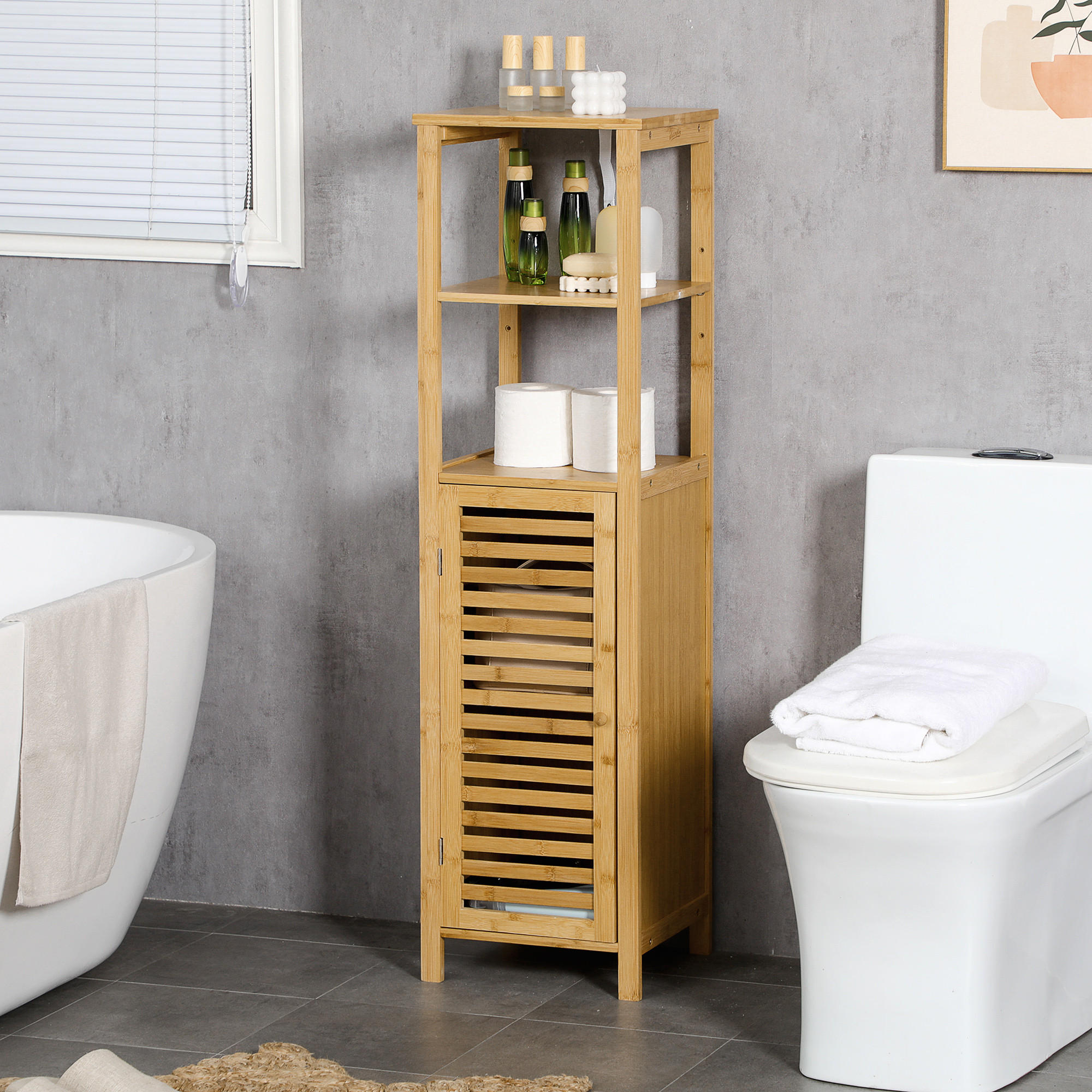 BADEZIMMERSCHRANK höhevestellbar, ca. 33 x 30 x 120 cm Naturholz - Naturfarben, Naturmaterialien (32.9/120/29.9cm) - Kleankin