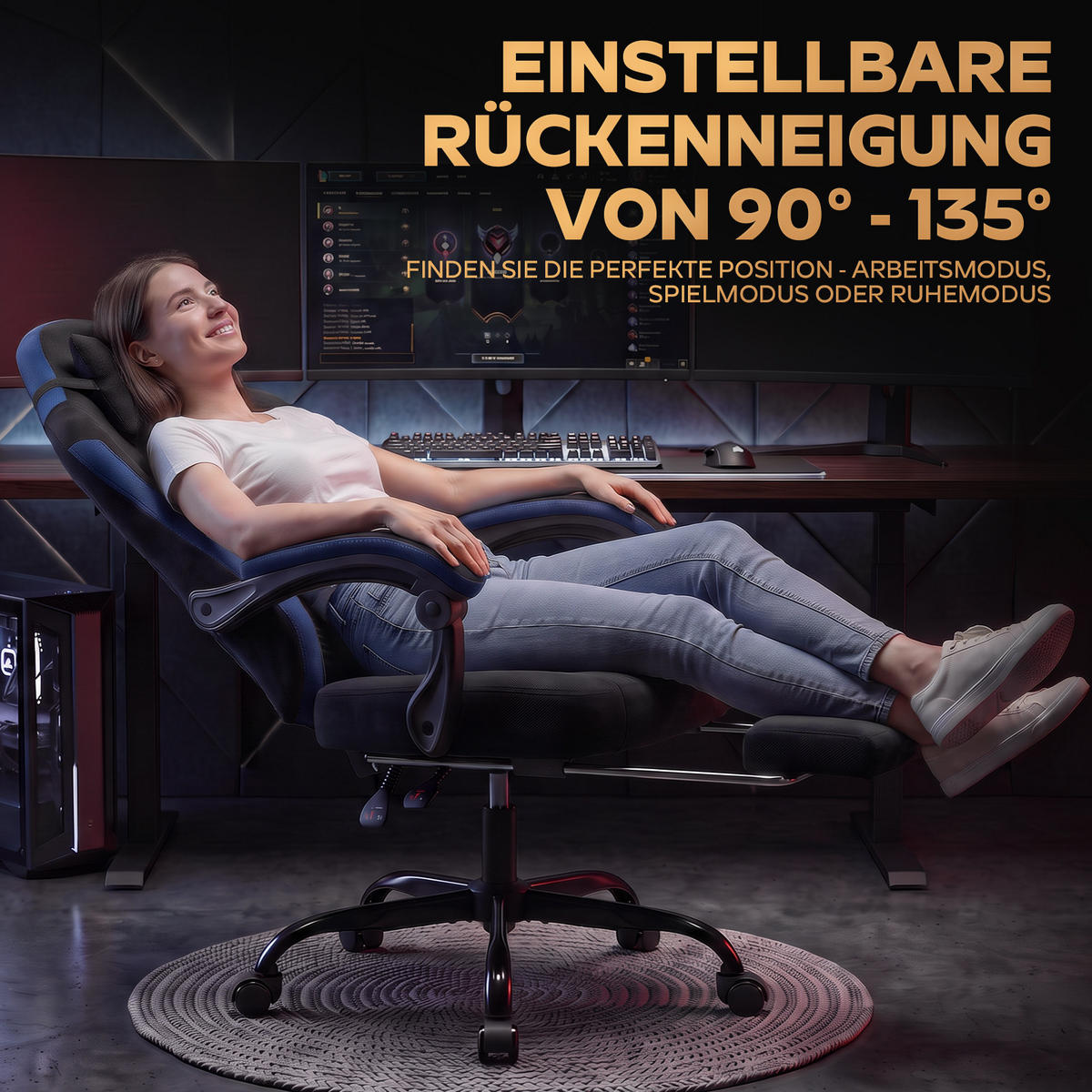 GAMINGSTUHL DE-40995 mit Nackenkissen und Rückenkissen Schwarz/Blau - Blau, Metall (58.5/120.5/63cm) - ComfortXL