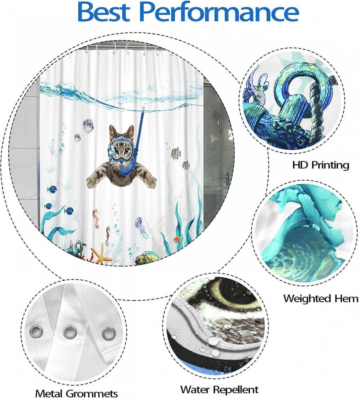DUSCHVORHANG Blau 180 x 200 cm Katze nautisch Seestern Schildkröte wasserdicht Badezimmer - Weiß, Textil (1/1cm) - MCBOSON