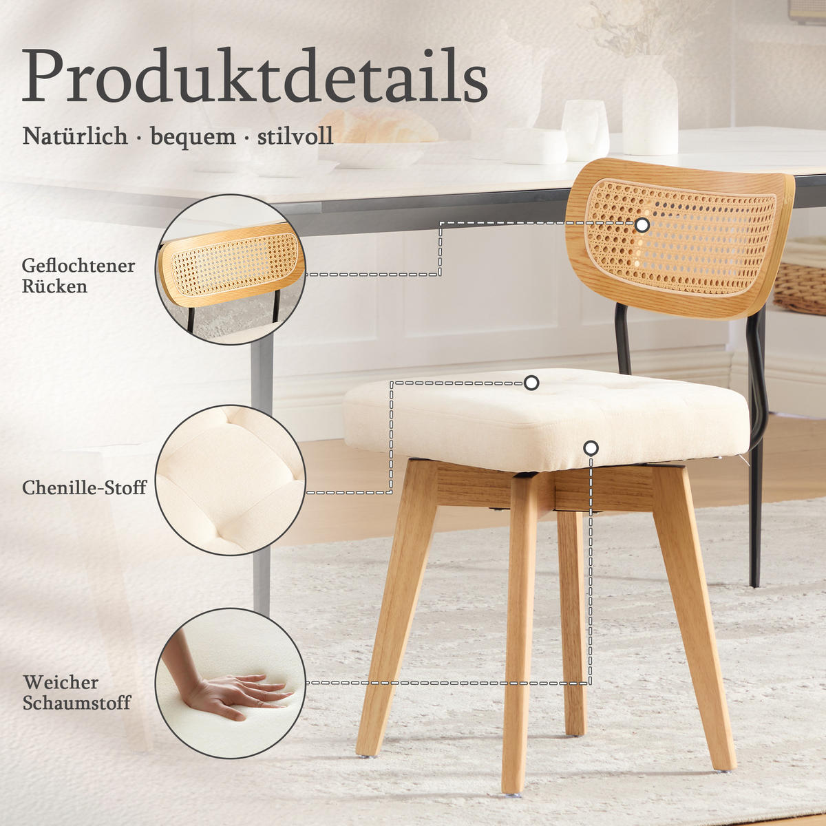 ESSZIMMERSTUHL 2er Set 360° drehbar, Wiener Geflecht, Chenille, Massivholz, Beige - Eichefarben/Beige, Holz/Textil (43/77/50cm) - LVHOM