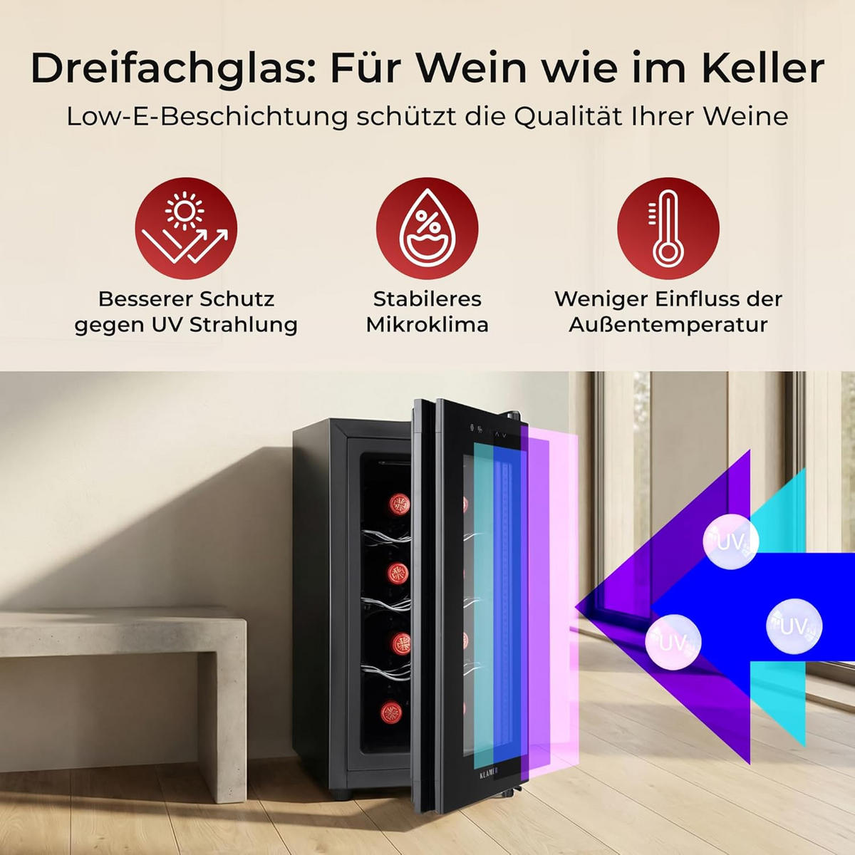WEINKÜHLSCHRANK 8 Flaschen Minikühlschrank - Schwarz, Glas/Metall (51/48/26.5cm) - KLAMER