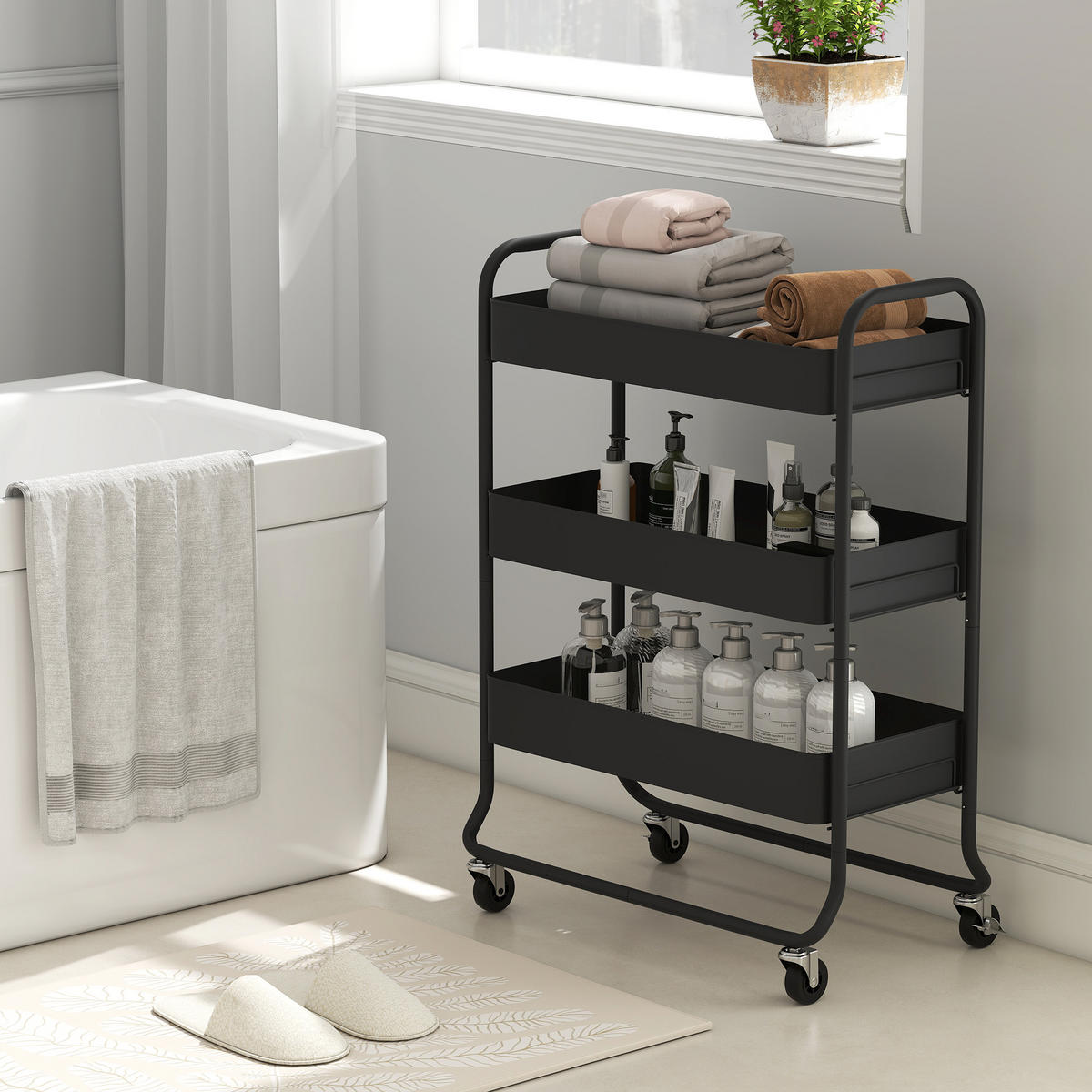 KÜCHENWAGEN DE-10514 3 Körbe mit Rollen Schwarz - Schwarz, Metall (34/87/64.5cm) - ComfortXL