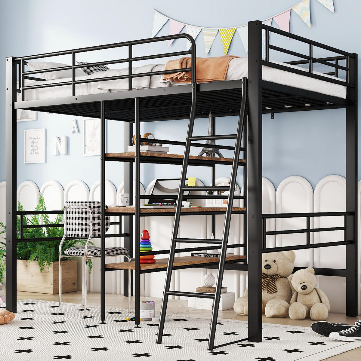 HOCHBETT 90/200 cm aus Metall mit Schreibtisch und Regalen, Schwarz - Schwarz, Metall (90/200cm) - Flora Grace