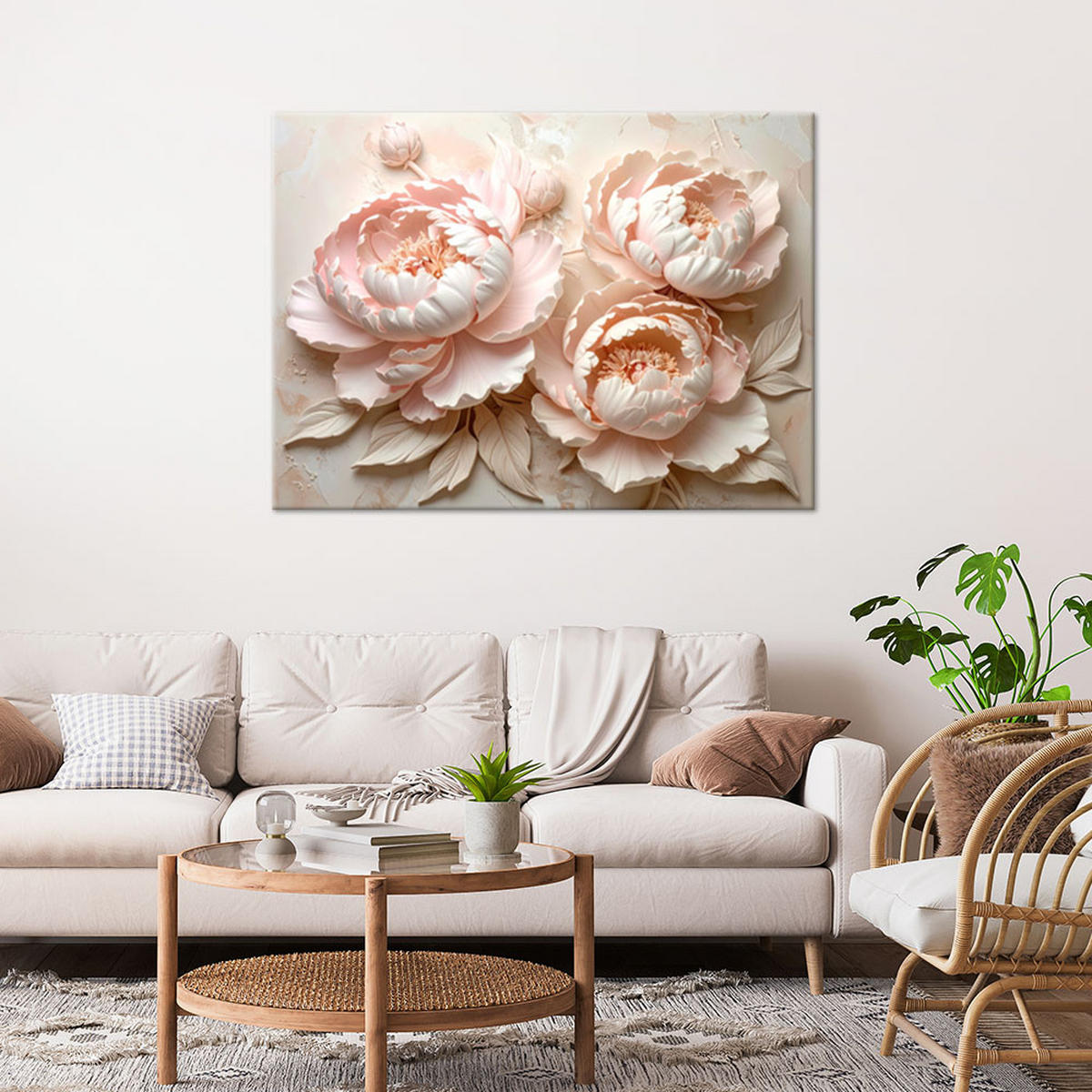 BILD auf Leinwand, Zarte rosa Pfingstrosen mit 3D-Effekt - Rosa, Textil (30/20cm) - Feeby