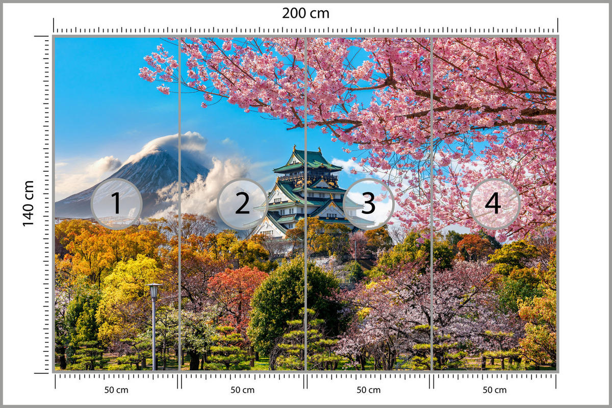 FOTOTAPETE für Wohnzimmer Kirschblüten Osaka Burg Japan Berge Bäume 200x140 - Gelb/Rosa, Papier (200/140cm) - Muralo