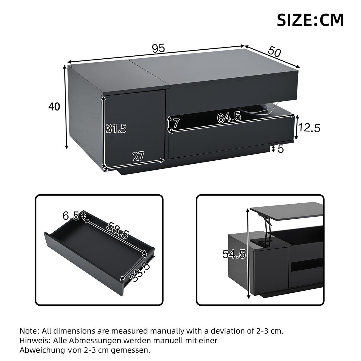 COUCHTISCH 95/50/40 cm Schwarz aus Holzwerkstoff mit Hubfunktion und RGB-LED per App - Schwarz, Holzwerkstoff (95/50/40cm) - OKWISH